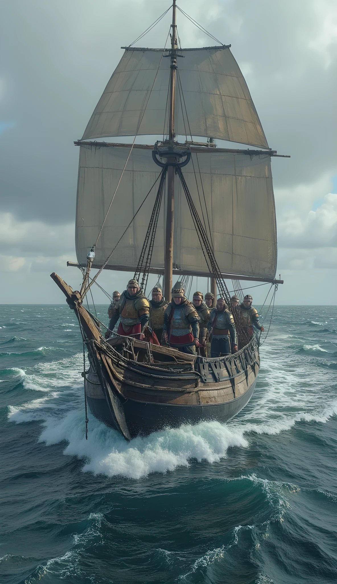 **Prompt:** Design a breathtakingly detailed landscape scene depicting a Viking seafaring navy army navigating the long wooden war boat on the tumultuous waters of the medieval North Sea. Showcase hyper-realism in the composition, featuring a long size Viking long dragon wooden war boat slicing through crashing waves. Capture the action from an ultra-wide angle to fully immerse the viewer in the dramatic, stormy environment. Illustrate the Viking navy raiders in elaborate, historically-accurate armor, standing in organized battle formation, with intricately crafted battle axes raised in readiness for the impending conflict. Focus on dynamic leading lines within the composition that draw the viewer's gaze across the scene, accentuated by a rich UHD color palette that creates an atmospheric contrast between the roiling sea and the warriors. Pay particular attention to the anatomy of the sailors, highlighting the strength and resolve in their hands as they prepare for battle. As you zoom out, ensure the entire regiment is depicted in all its fierce glory, maintaining a depth of field that amplifies the visual impact. Utilize cutting-edge 3D CGI textures to breathe life into this depiction of Viking valor, creating a visually stunning PiratePunkAi artwork that captures the essence of an epic sea battle.