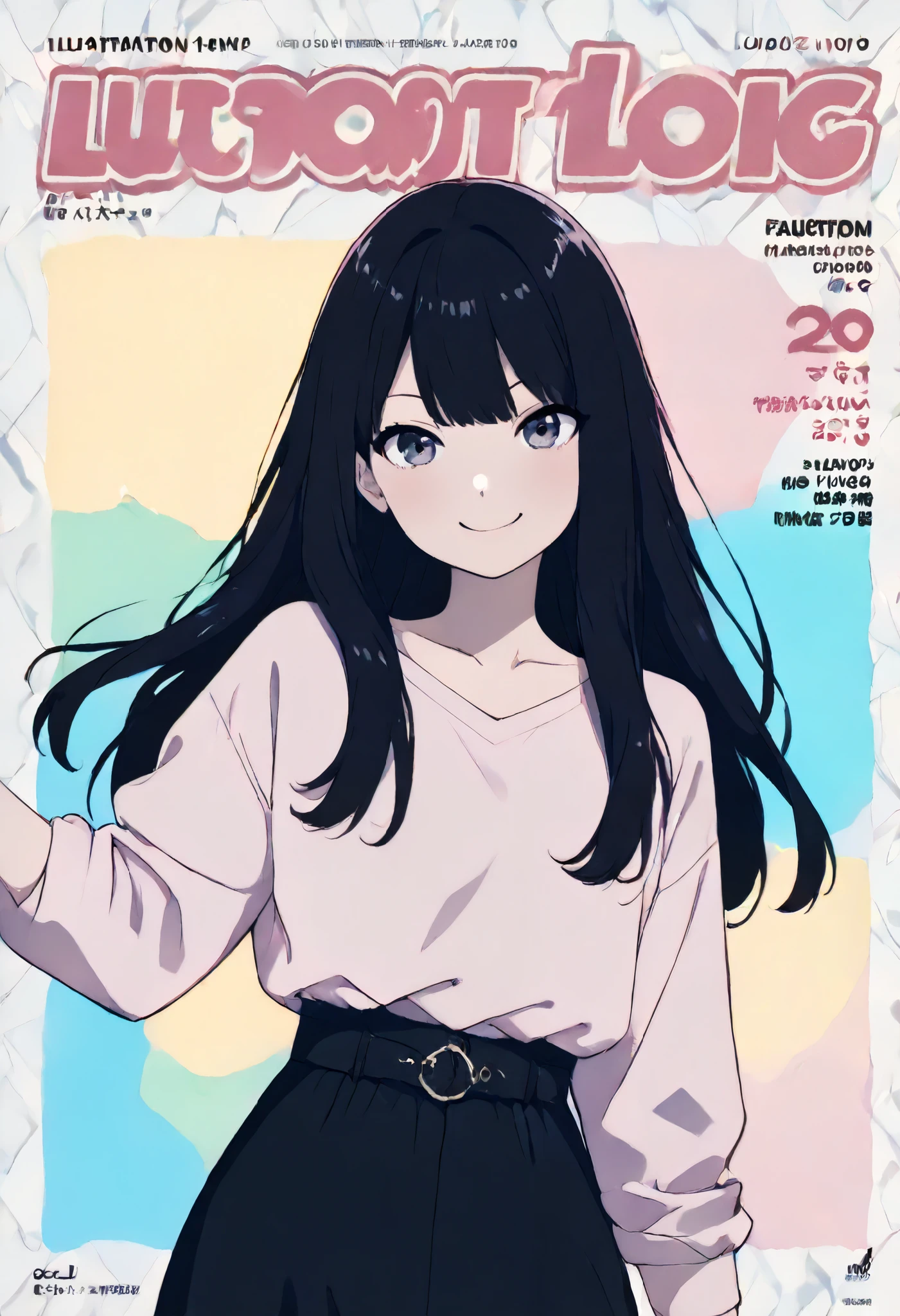 (masterpiece, best quality, illustration), anime girl, cute, solo, fashion magazine cover, magazine spread, fashion editorial, stylish outfit, fashionable clothes, trendy look, dynamic pose, fashion pose, striking pose, black hair, long hair, smile, confident smile, detailed eyes, detailed face, studio background, colorful background, graphic background, abstract background, advertisements, stylized text, logos, fashion brand logos, flat skin, flat shading, simple shading, simple colors, pastel colors, cel-shaded, no depth, 2D look, soft lighting, vibrant colors, pastel colors, 8k resolution, sharp focus