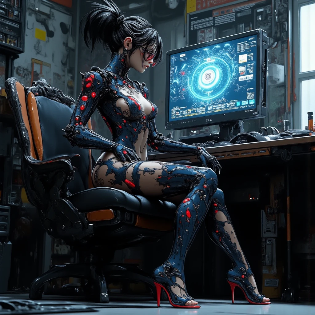 Vladisava Galagan 25 anos, black hair, as a bodybuilder cyborg with bionic parts in your body, cyberpunk swinsuit, pink-white-lime green, reading a magazine leaning on your crossed legs on the futuristic chair, futuristic lab, blueprint, photostudio composition, digital art, illustration concept art in the style of Artgerm and Adam Hughes