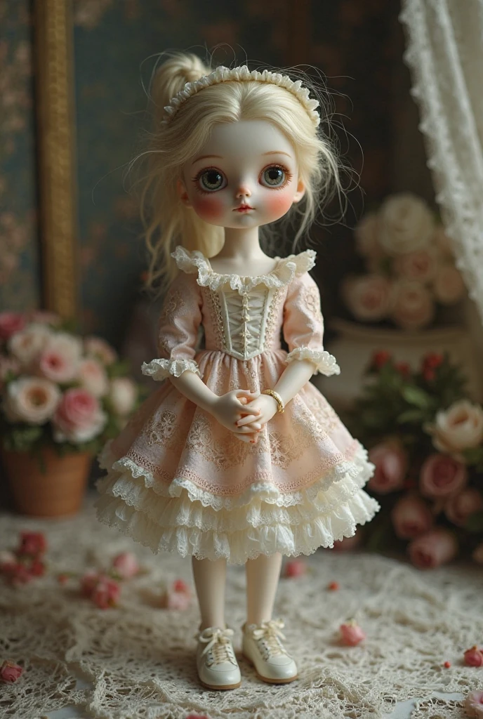 a mechanical doll girl inside a bottle,porcelain doll,vintage style,small detailed mechanism,beautiful glass bottle,delicate lace dress,sparkling eyes and rosy cheeks,sitting under soft candlelight,antique setting,subtle color palette,ethereal atmosphere,masterpiece:1.2,ultra-detailed,realistic:1.37,pastel colors,fine porcelain texture,sublime lighting