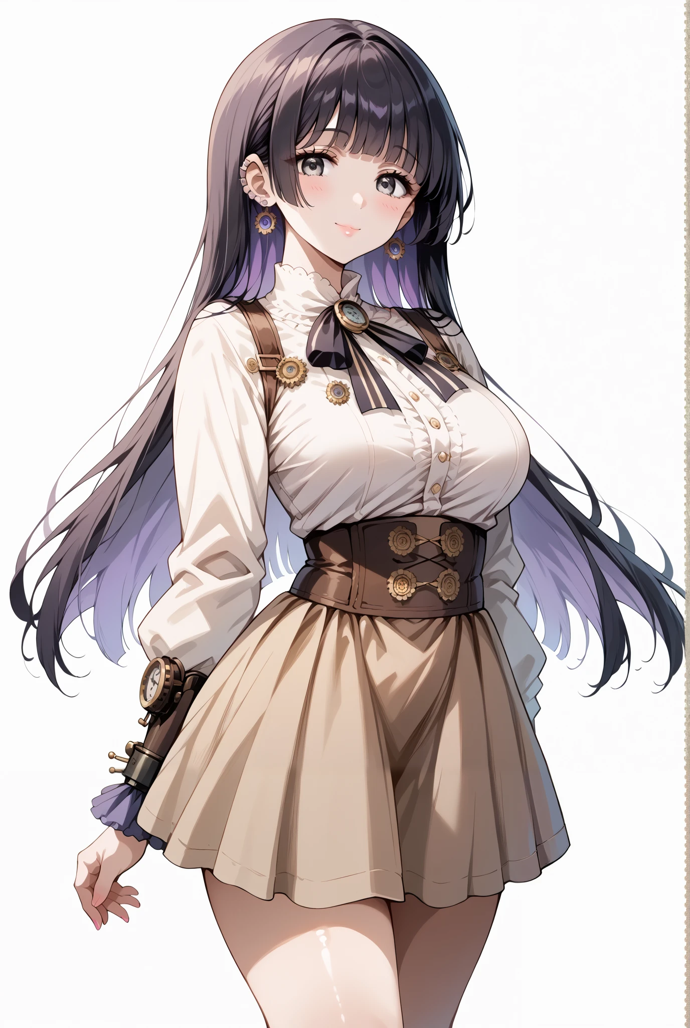 score_9, score_8_up, score_7_up, source_anime, 4K,perfect fingers,(perfect hands, perfect anatomy),prefect lighting, very aesthetic, intricate details,highly detailed background, masterpiece, high quality, best quality,
1girl,solo,pasan, pasan, black hair, blunt bangs, blunt ends, chin piercing, colored inner hair, ear piercing, grey eyes, hime cut, long hair, medium bangs, multicolored hair, piercing, purple hair, mature female, large breast,
wearing ((steampunk design,Her attire includes a light beige/cream-colored top with brown accents detailing and stitching reminiscent of gears and cogs, She wears a brown lace-edged steampunk-inspired under-skirt with decorative details, )),,
((White plain background:1.5)) , She's posing with her body angled toward the viewer, her gaze directed slightly to the viewer's right,