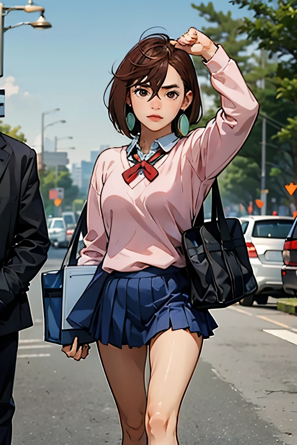 score_9, score_8_up, score_7_up, source_anime, BREAK 1 girl, viewers, outdoor, scenery, green, blurry background, g, v Pose, Armpits Closed , schools, Ayase Momo, brown hair, short hair, hair between eyes, asymmetrical bang , brown eyes, earrings, black choker, schools uniform, white collared shirt, pink sweater, Long Sleeve, red ribbon, blue skirt, miniskirt, white socks, loose socks, brown footwear ,