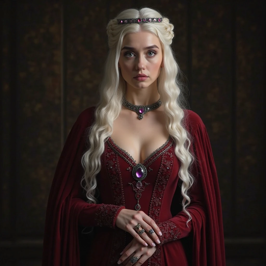 Royal Satin dress, Perfect eyes, flawless Beauty, pierced eyes, Masterpiece, Daenerys Targaryen, Gorgeous woman, queen, Queen Lady, Princess of Dragonstone, black mole on breast, The Unburnt, Queen of Meereen, Queen of the Andals, the Rhoynar and the First Men (claimant), Protector of the Seven Kingdoms (claimant), Khaleesi of the Great Grass Sea, Breaker of Shackles, Mother of Dragons, The One Who Was Promised, Lady of Dragonstone , 45 years Old, she is a Full growned lady now, beautiful mature lady, the queen, milf beauty, mature queen, Best quality, a small, charming Beauty, a captivating woman, fully ripen milf body, lustful queen, alluring appearance, unrivaled beauty, wonderful breasts, large breasts, mediaeval erotic costumes, a Game of Thrones-inspired costume, a close-up of a woman from the middle ages, Daenerys Targaryen, Daenerys, resembles Emilia Clarke, Emilia Clarke, scene from "Game of Throne," deep cleavage, warrior princess, healthy body, perfect thick body, attractive figure, fleshy body, style of "Game of Throne," beautiful lady, beautiful woman, mediaeval clothes, stunning woman, 8K, insane details, dress made of clothes and jewelry, perfect hair, styled hair, high clarity eyes, perfect hands, perfect fingers, perfect eyes, sharp focus,