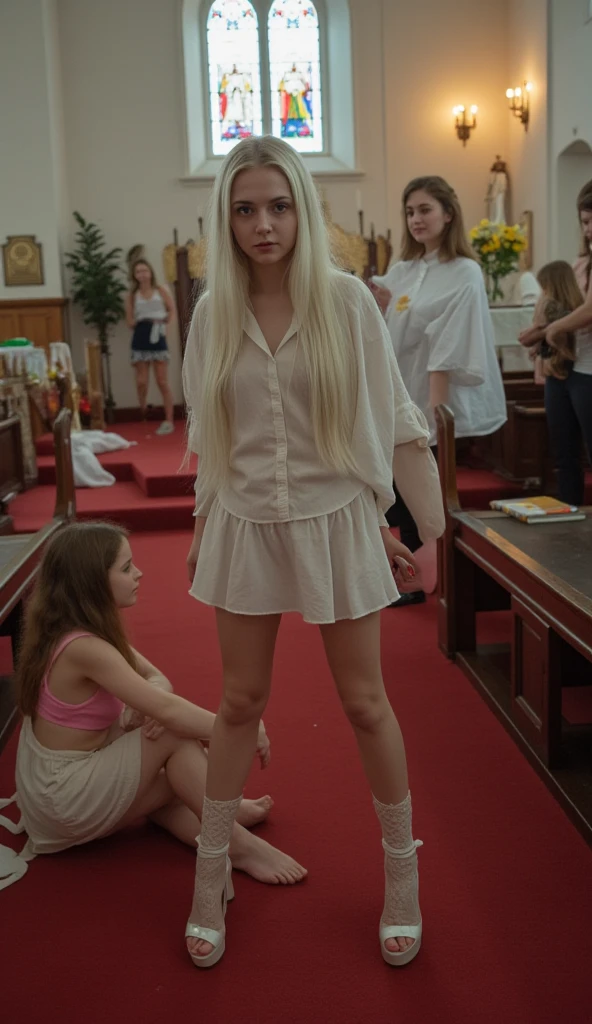 Old priest holds his dick in his hand. A 10 years old female from Germany with blonde hair kneels in front of him and is watching his dick with Multiple cum all over her face. They are in a german church