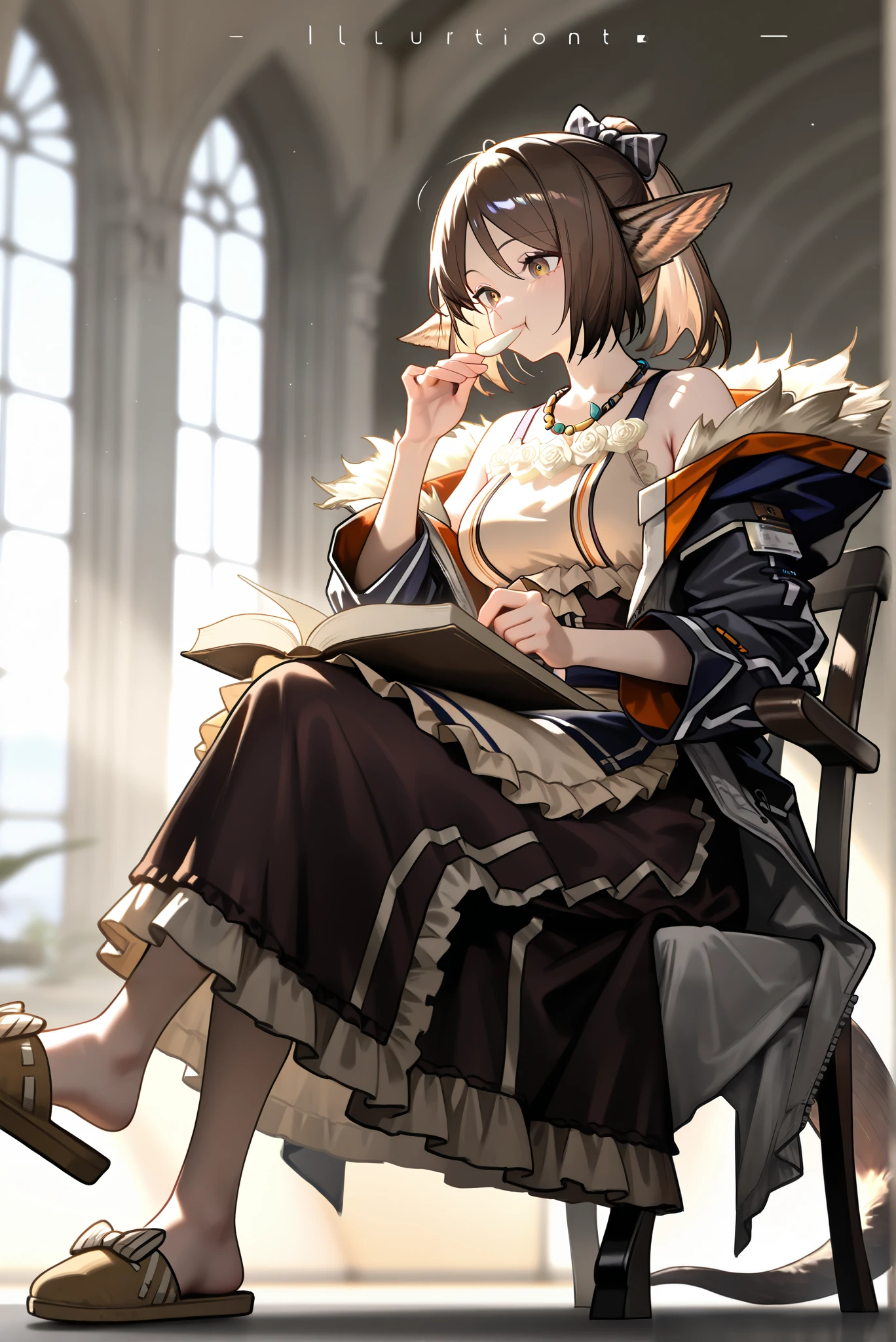 1female,((朝のカフェ))。 brown dress, brown slippers,,,((perfumer)),((perfumer_\(arknights\))), perfumer_\(arknights\)。, eating at a restaurant。crossed legs,Black long skirt。小さなおっぱい。 dynamicangle。I have a book。,Photorealistic Background, best quality, amazing quality, very aesthetic,Beautiful morning light , (masterpiece, best quality, hires:1.1),(detailed background),(Hard Light, Cinematic , , ambient occlussion:1.1), (illustration:1.1), (perfect details:1.1), (8 K, wallpaper,masterpiece,a high resolution,top-quality,top-quality real texture skin, hyperrealistic , increase resolution,RаW photos,,very detailed,wallpaper,Cinematic lighting,Ray tracing,Golden ratio\),。