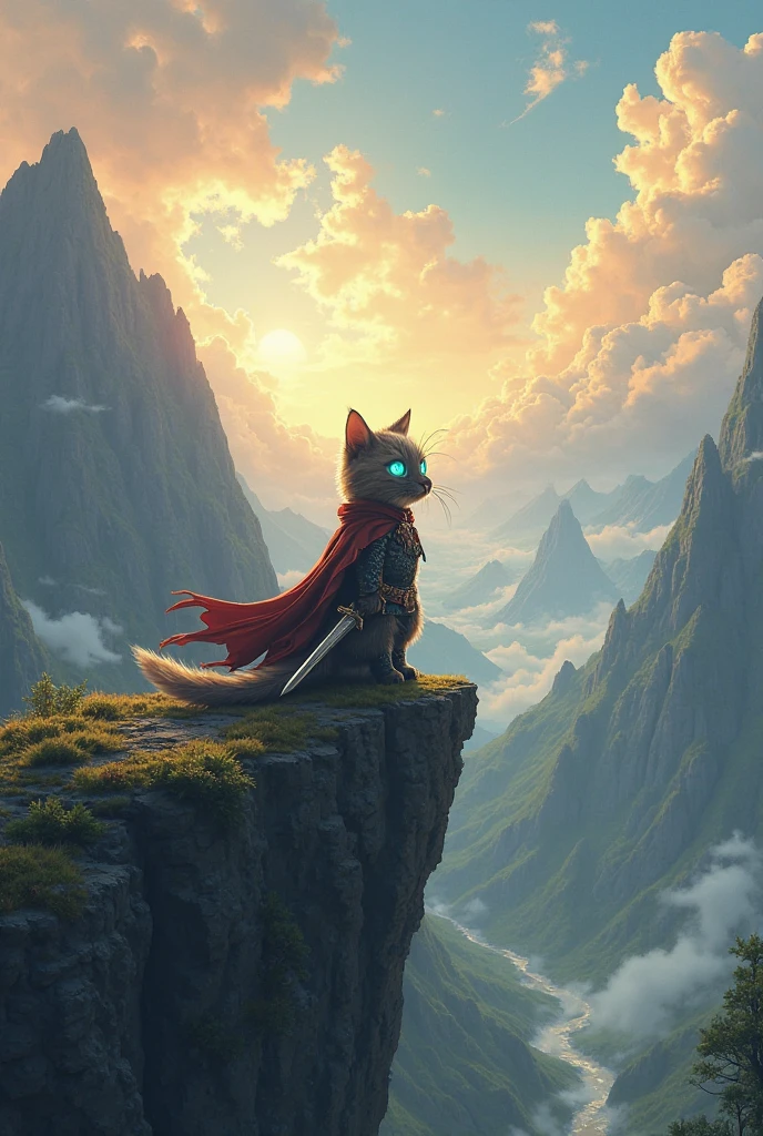 A heroic feline warrior stands on the edge of a towering cliff, gazing into the distant horizon. The wind gently ruffles its sleek fur, and its long cape flows dramatically behind it. The cat's eyes are filled with determination and a sense of adventure, reflecting the vast fantasy landscape before it—mountains, forests, and a glowing mystical sky. Its small yet detailed armor glistens under the sunlight, and a tiny enchanted sword hangs at its side. The atmosphere is cinematic and epic, capturing the beginning of an unforgettable RPG journey