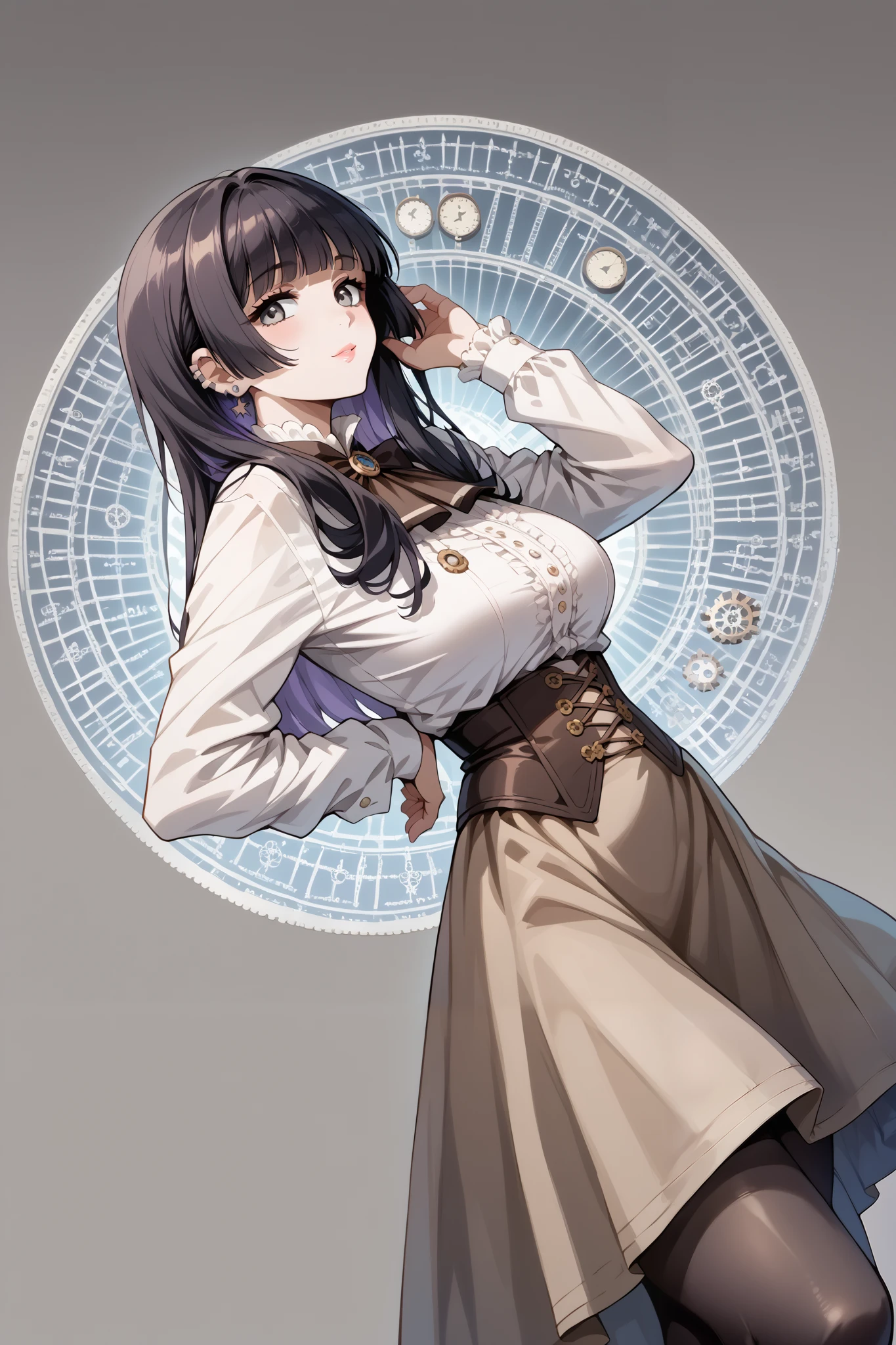 score_9, score_8_up, score_7_up, source_anime, 4K,perfect fingers,(perfect hands, perfect anatomy),prefect lighting, very aesthetic, intricate details,highly detailed background, masterpiece, high quality, best quality,
1girl,solo,pasan, pasan, black hair, blunt bangs, blunt ends, chin piercing, colored inner hair, ear piercing, grey eyes, hime cut, long hair, medium bangs, multicolored hair, piercing, purple hair, mature female, large breast,
wearing ((steampunk design,Her attire includes a light beige/cream-colored top with brown accents detailing and stitching reminiscent of gears and cogs, She wears a brown lace-edged steampunk-inspired under-skirt with decorative details, )),,
((White plain background:1.5)) , She's posing with her body angled toward the viewer, her gaze directed slightly to the viewer's right,