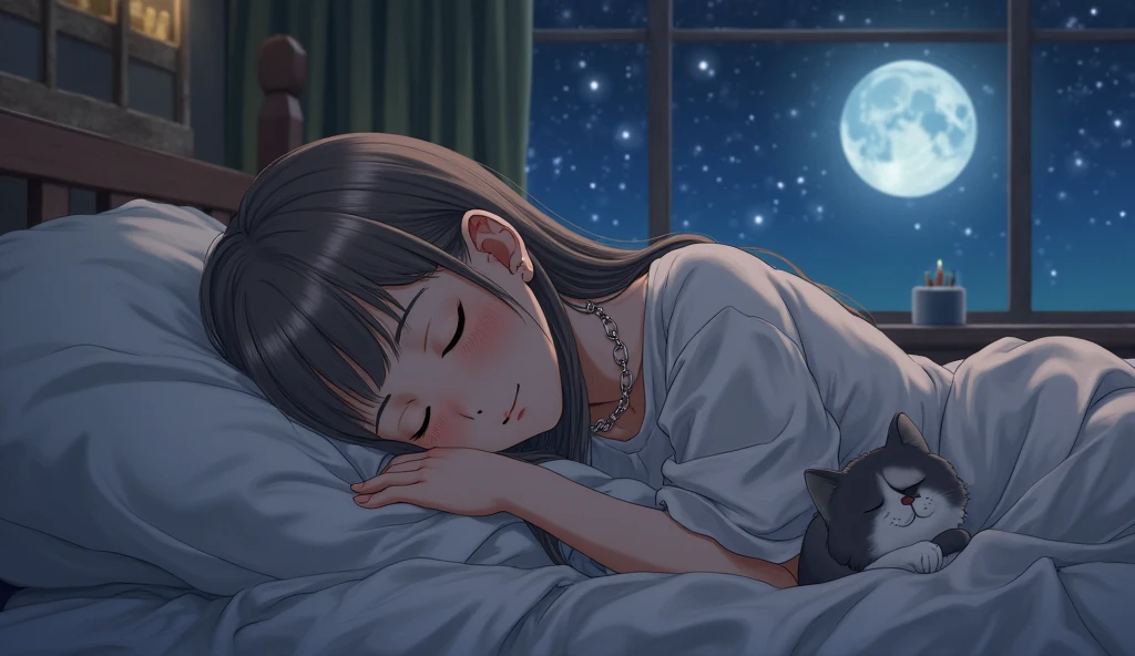 Full moon seen from the window　Little girl sleeping in bed