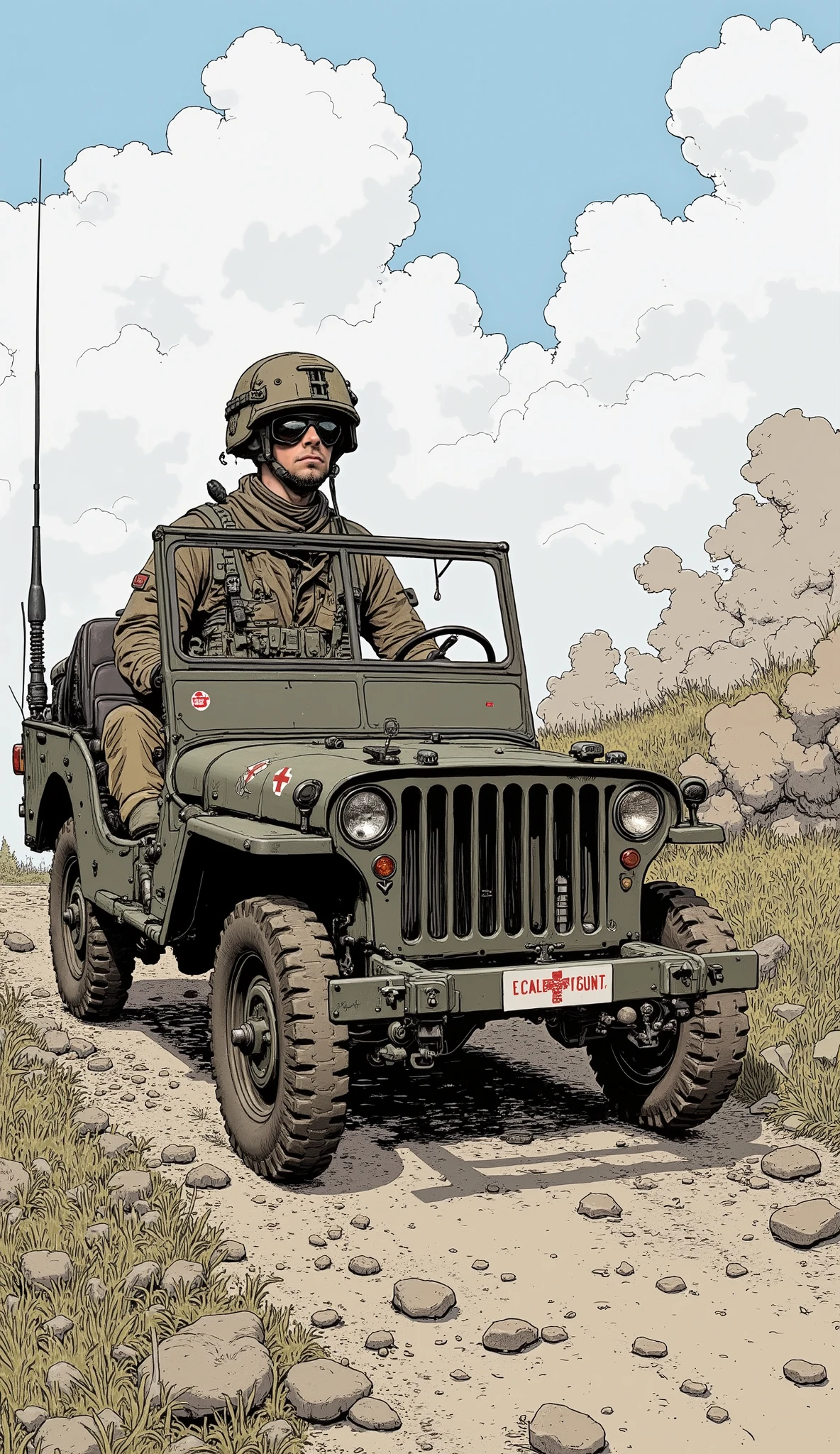 ((Famine an emaciated starved figure in torn ragged military uniform)) rides a kettenkrad through a barren field of animal bones and dead crops, cowboy_shot high quality