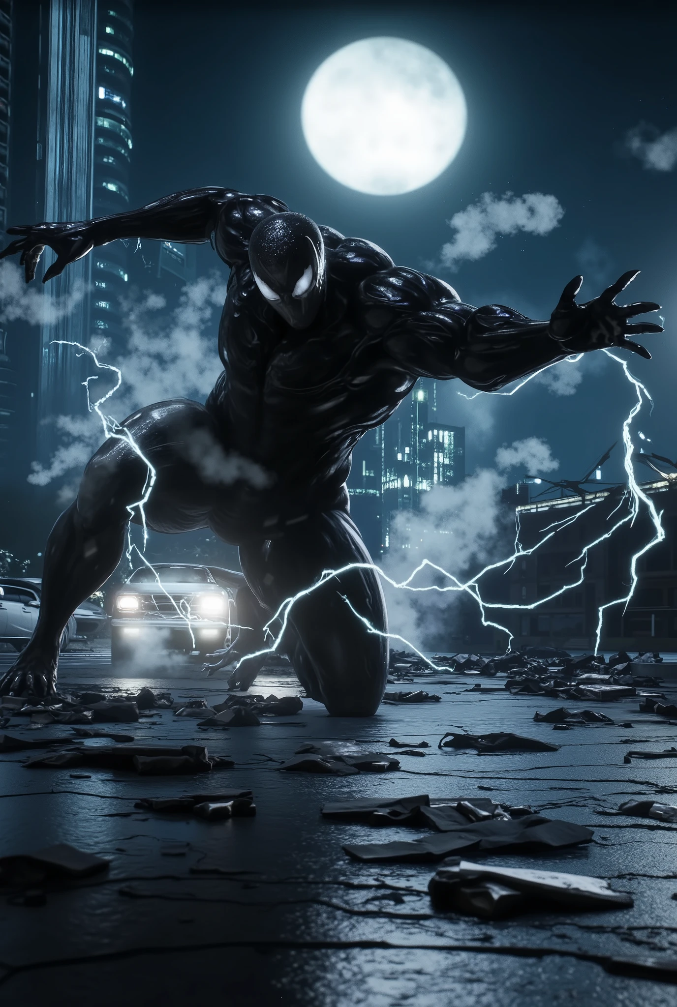Epic author's digital art of Venom landing on the street of the night metropolis. Put one knee on the ground, support it with one hand, emphasize the shape in which the other leg stands (superhero landing), express strength and tension, the camera's gaze creates confidence and determination with the help of white lightning effects, depict black veins fluttering in the wind, clouds of white smoke, lights of the night city. an image that makes you feel movement just before,an image of destruction on the ground, which shows pieces of destroyed asphalt, cracked and scattered due to impact on landing {x}, Warped cars,a powerful illustration, a strong light source (full moon) Place it behind, depict a silhouette, the background is night megalopolis, anatomically correct, highest quality, high detail.,Angle from below. Exaggerated proportions.