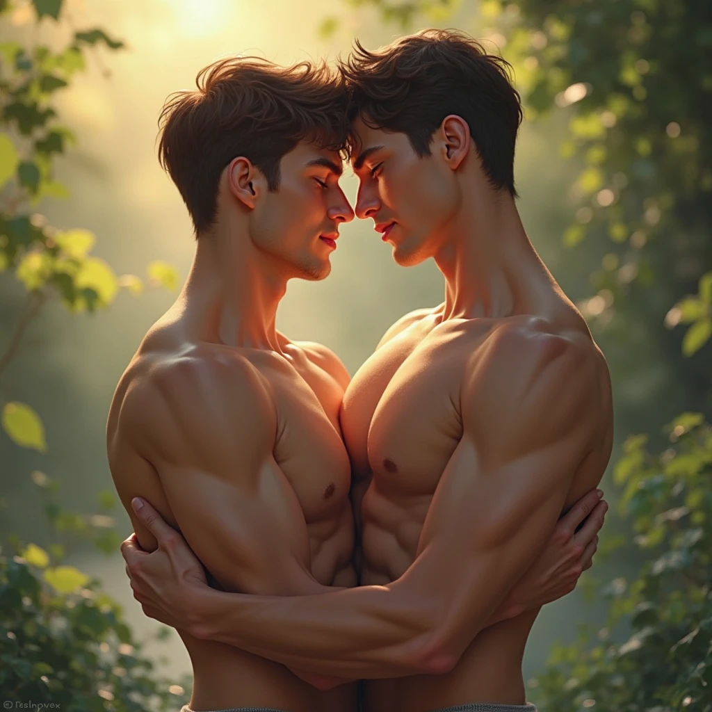 Two slim attractive Asian male teenagers no cloths touching each other&#39;s butts while in the river at sunset time