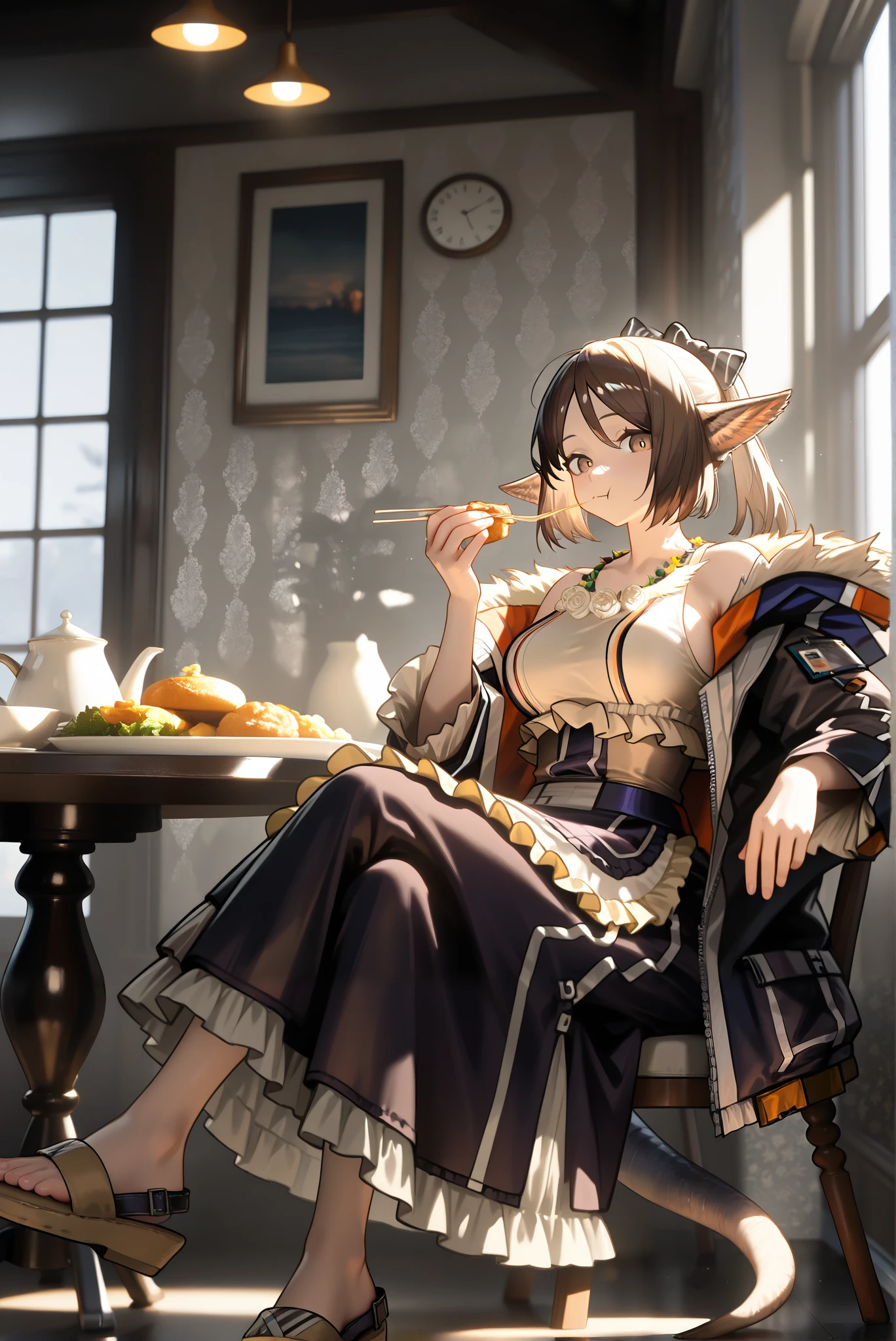 1female,((朝のカフェ))。looking at viewer, brown dress, brown slippers,,,((perfumer)),((perfumer_\(arknights\))), perfumer_\(arknights\)。, eating at a restaurant。crossed legs,Black long skirt。小さなおっぱい。 dynamicangle。I have a book。,Photorealistic Background, best quality, amazing quality, very aesthetic,Beautiful morning light , (masterpiece, best quality, hires:1.1),(detailed background),(Hard Light, Cinematic , , ambient occlussion:1.1), (illustration:1.1), (perfect details:1.1), (8 K, wallpaper,masterpiece,a high resolution,top-quality,top-quality real texture skin, hyperrealistic , increase resolution,RаW photos,,very detailed,wallpaper,Cinematic lighting,Ray tracing,Golden ratio\),。