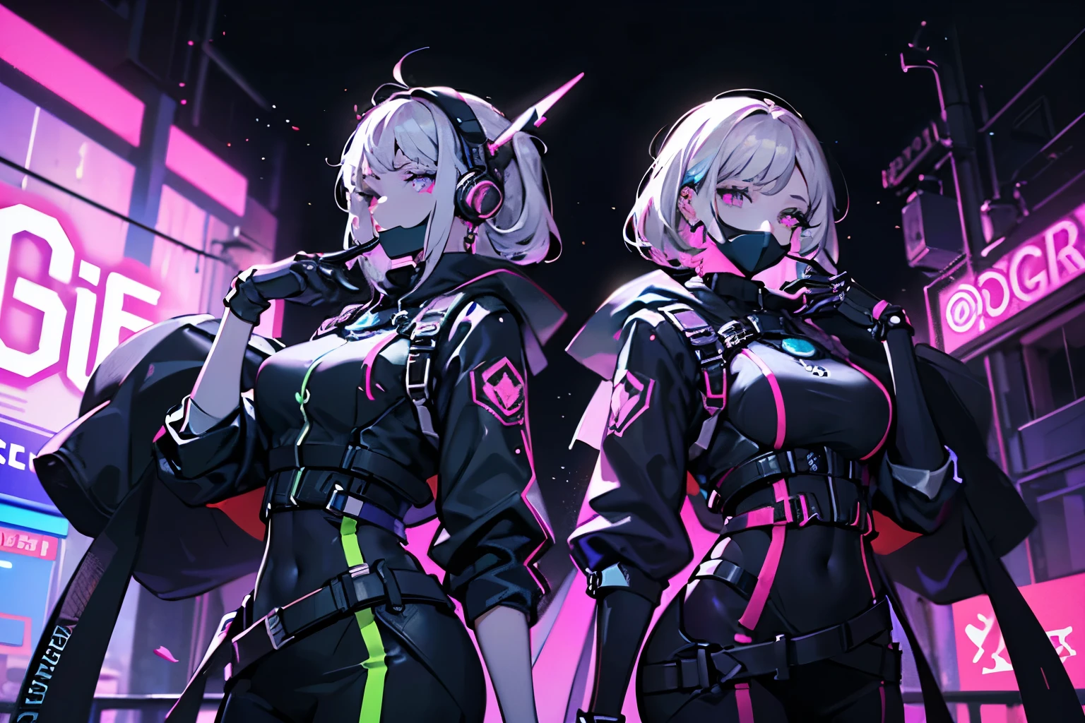 a girl, rebecca \(cyber punk\), ((Full body, He holds a large sickle in his right hand and carries it on his shoulder.,dynamic angle:1.35)),one women,Blonde twisted twin tails, glowing red eye,laugh fearlessly, Bein Tattoos, Tattoo on the neck,  big , black bra, line, red pupils, Leader catch, red eye, black jacket,cyber punk,Cyber Cityscape,