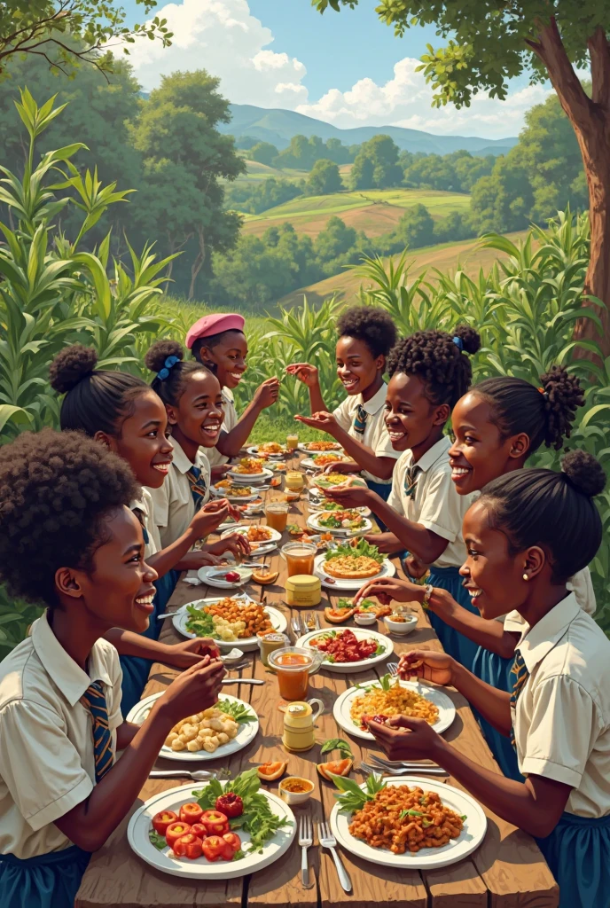 Year: 2022
Country: Zambia
Description: In the serene surroundings of a beautifully landscaped garden in Lusaka, a Zambian family enjoys a picnic brunch. A father, mother, and their young daughter sit on a checkered blanket amidst blooming flowers and neatly trimmed hedges. A vintage wicker picnic basket holds an array of delectable treats.