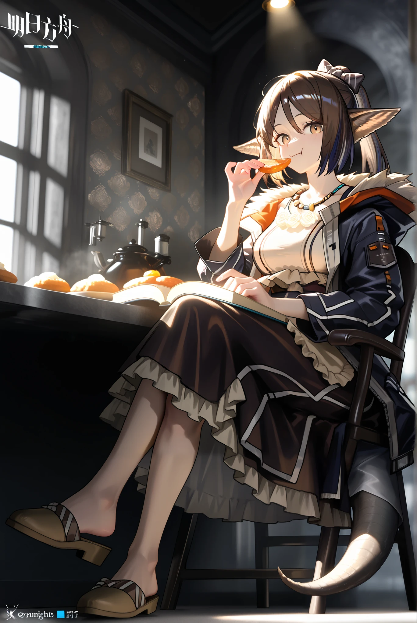 1female,((朝のカフェ))。looking at viewer, brown dress, brown slippers,,,((perfumer)),((perfumer_\(arknights\))), perfumer_\(arknights\)。, eating at a restaurant。crossed legs,Black long skirt。小さなおっぱい。 dynamicangle。I have a book。,Photorealistic Background, best quality, amazing quality, very aesthetic,Beautiful morning light , (masterpiece, best quality, hires:1.1),(detailed background),(Hard Light, Cinematic , , ambient occlussion:1.1), (illustration:1.1), (perfect details:1.1), (8 K, wallpaper,masterpiece,a high resolution,top-quality,top-quality real texture skin, hyperrealistic , increase resolution,RаW photos,,very detailed,wallpaper,Cinematic lighting,Ray tracing,Golden ratio\),。