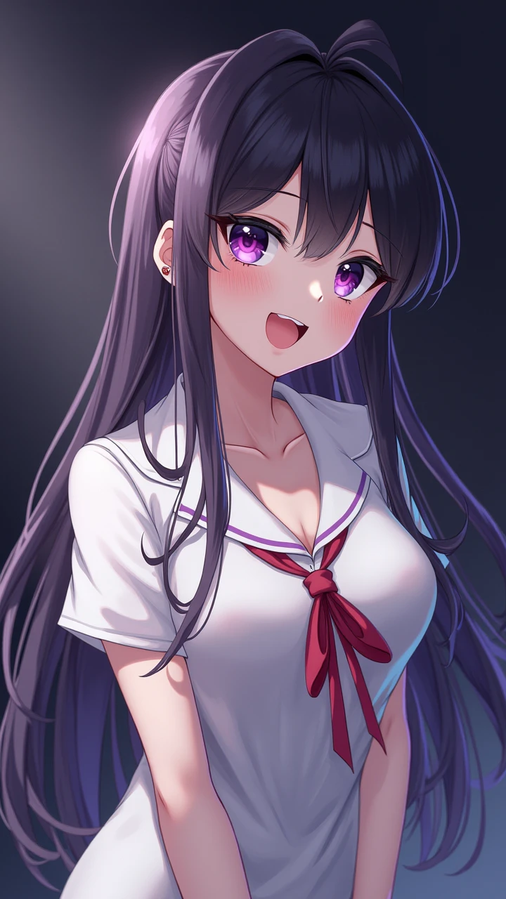 high resolution,smile,woman,woman1人,adult,cute, Black Hair,BREAK, Purple eyes,BREAK,
Nurse uniform,BREAK,Facing forward,BREAK,Pink background,