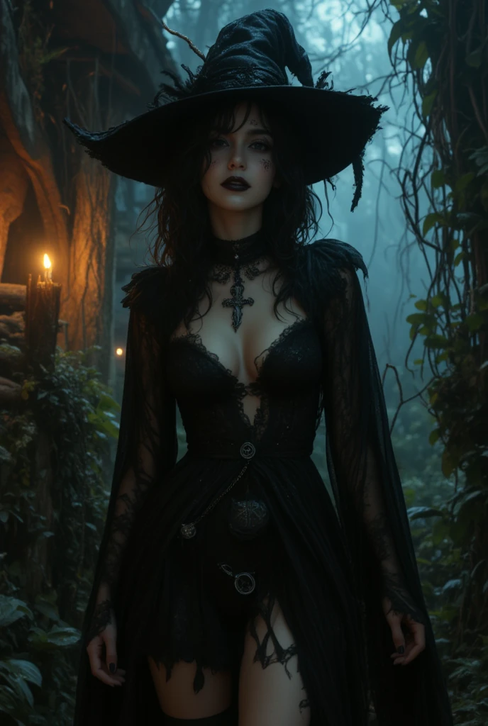 (1girl:1.3), Solo, Official Art, Unified 8k Wallpaper, Ultra Detailed, Beauty & Aesthetics, Beauty, Masterpiece, Best Quality, Fantastic mysterious Atmosphere, Serene Mood, Soft Shadows, Celtic Witch Priestess, Charismatic Spells, Amulet, Witch Duty, () (Seamless Stockings), Witch hat, ((mysterious scene)), (mysterious eyes), ((dynamic pose, face away)), long black dress, cinema color
