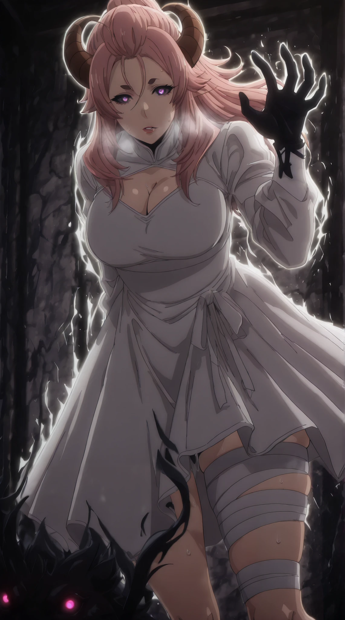 (Luxu-style:1.4), Masterpiece, high quality, absurdres, best quality, very aesthetic, newest, dramatic light, chiaroscuro technically, contrasting color, dynamic composition, anatomical correct, HD, 4K, digital art, trending on DeviantArt, perfect body, perfect eyes, makeup, detailed eyes, perfect fingers, gasping, heavy breathing, excessive sweating, sweating, sweating profusely, gasping profusely, cinematic, ((skindentation)), ((voluptuous)), Mmananakiri, mature female, long hair, ((half updo hair)), ((dark-pink hair)), purple eyes, short eyebrows, big breasts, bright pupils, ((white outline)), (aura), (black aura:1.2), 1girl, breasts, horns, glowing, dress, white_dress, solo, cleavage, bandages, bandaged_leg, glowing_eyes, looking_at_viewer, ahoge, parted_lips, glowing_eye, monster_girl, colored_sclera, black_sclera, black hands, shadow, shadow hands, 