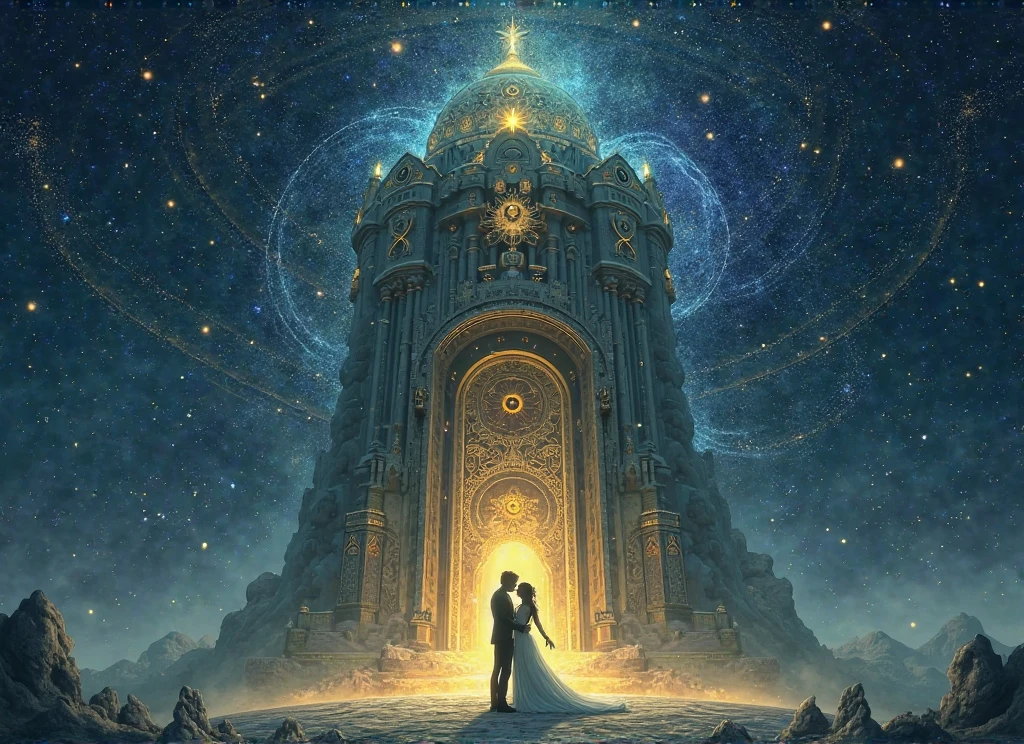 metal etching, neo-romanticism, moon night other world architecture background, luminous, intricately detailed, low key photography, best boy and girl is from side, atmosphere of mystery and fantasy, light painting, real shadow, perfection, hyper real, ultra fine detailed skin, ultra quality, cinematic still, 16k, conceptual contrast, natural lighting,