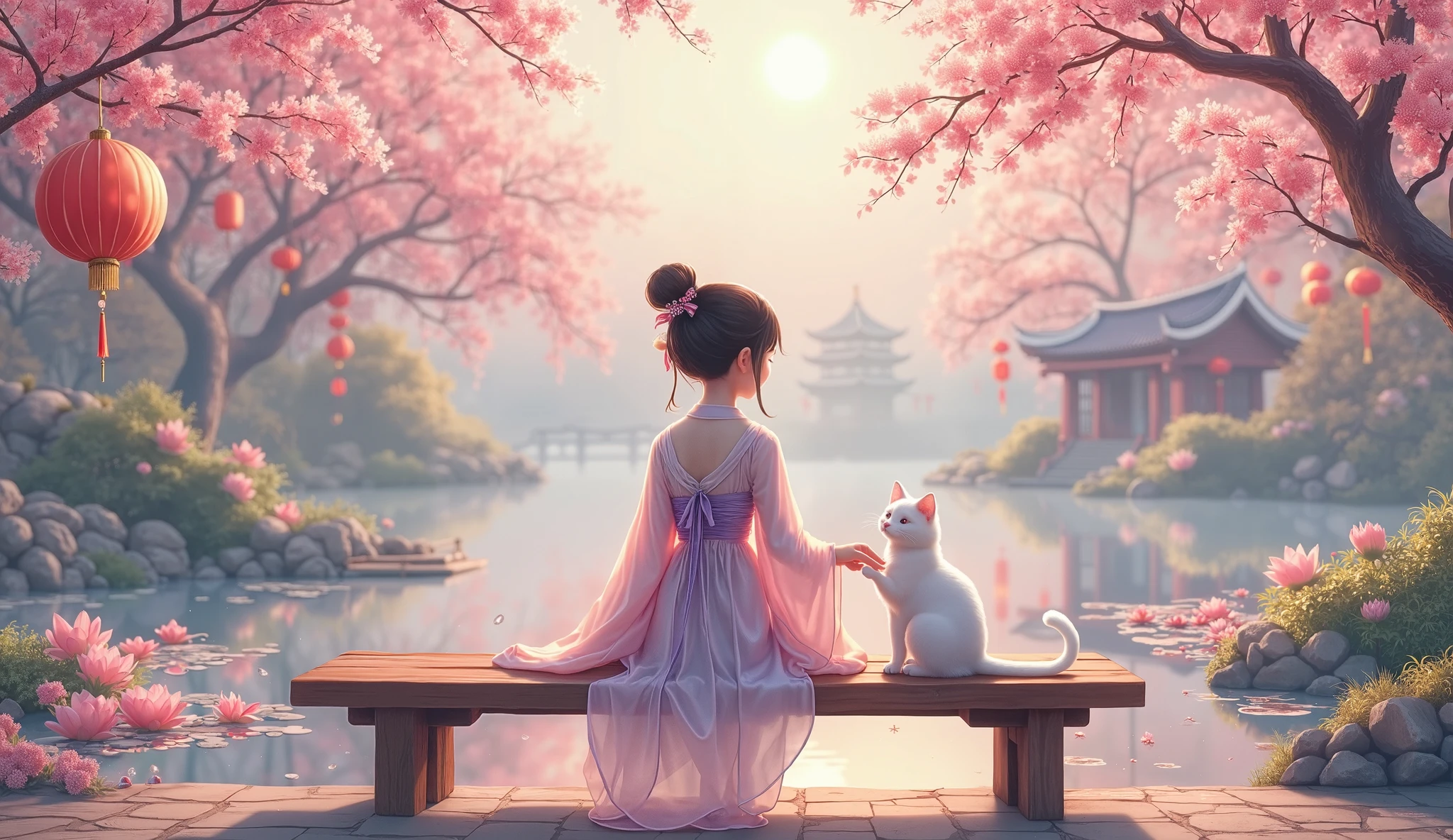 Painting of a woman sitting on a bench with a cat - SeaArt AI