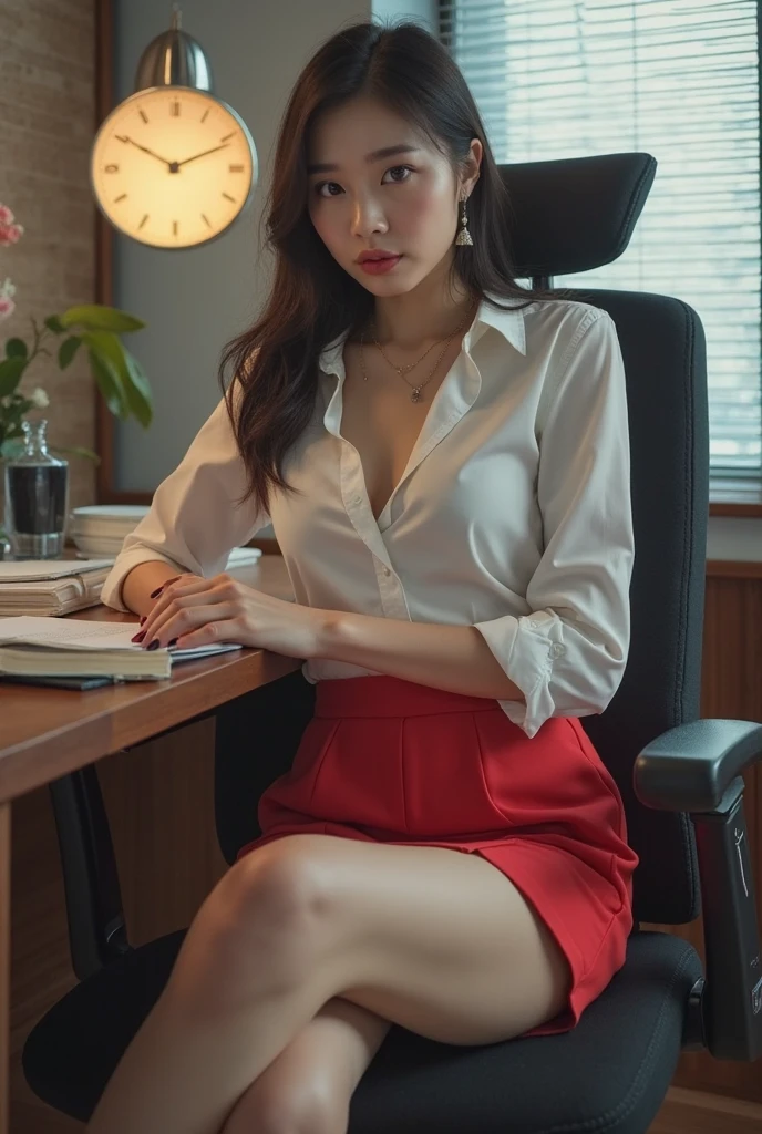 (masutepiece，8K，Best Quality，​masterpiece)，(Photorealsitic，Raw photography，Super Fine Clear)，Realistic light，　Detailed skin，beautiful Korean women，1womanl，Business Scene，Business Womenswear，Business suits，Office Fashion，sexy  pose，Panties are visible，sitting on，Open your legs with your knees upright，A detailed eye，Detailed finger，cammel toe，Big hips、closing eye，in the conference room，In a place without people，sexual