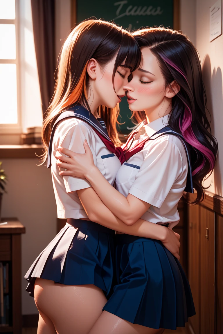 two age girls,equivalent height,In the classroom,black hair ponytail,face each other and look at each other、handを握り合う、お互いにhandを握り合う、hug each other'hand、Hitting the chest,two bodies are close together,angry look、Glaring at each other、Picture of two people、Photograph of two people facing each other、Push each other'tits、titsをくっつけて一緒に、uniform、high school girl、mini skirt、big breasts、Quite large、lesbian、lesbianのセックス、Depictions of sex、lesbianの性行為、put cats together、kiss、tongue、ディープkiss、エロいkiss、向かい合いながらkissしている、tonguetongue、kiss、kiss、sexual acts between women、Sex between women