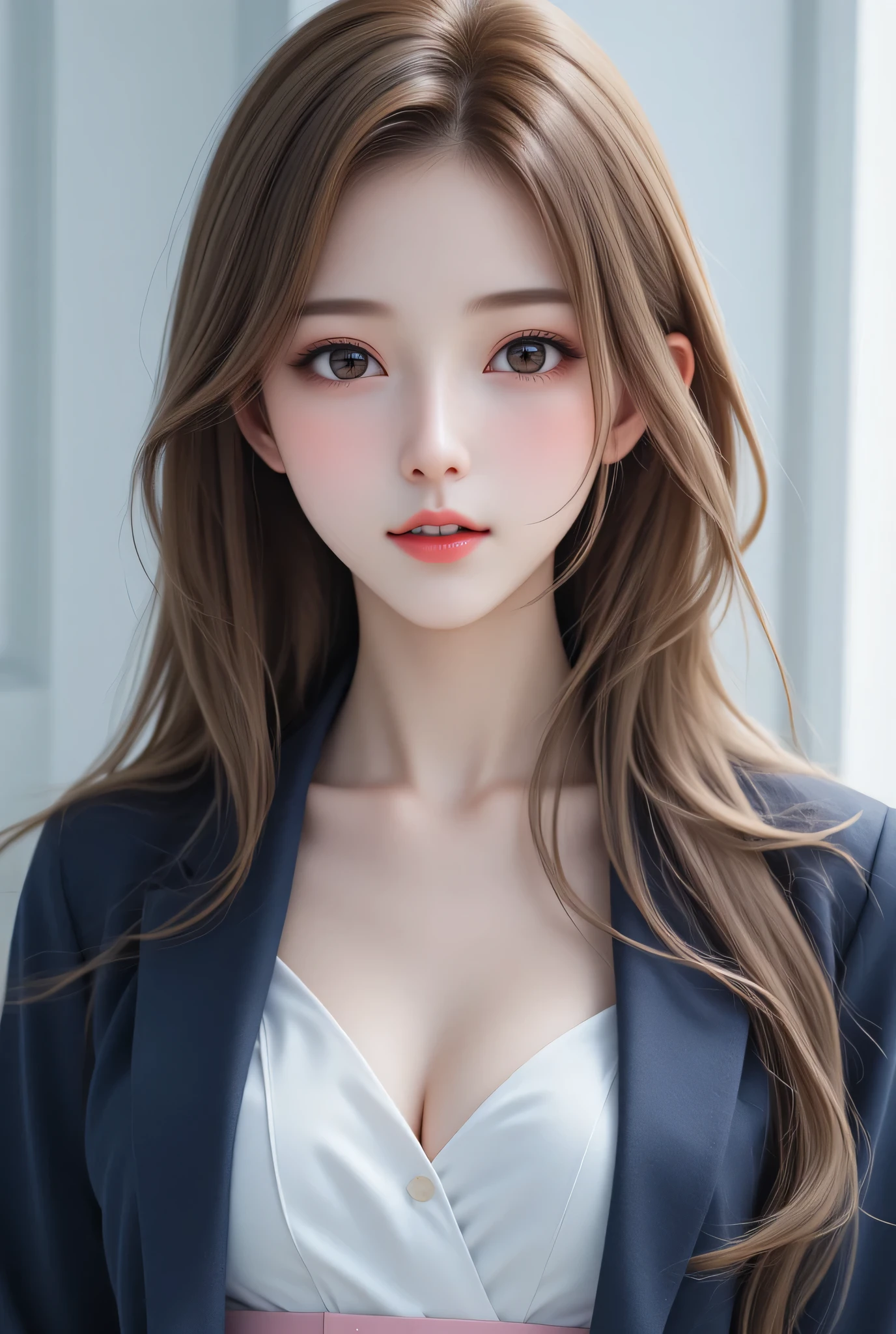 (super cute young face),
(full body shot:1.5),
(sparkling clear attractive large glowing eyes), (japanese idol face),very beautiful cute girl,(),see-through bangs,(dark blue blazer:1.1),white school blouse,(blue neck thin bow tie:1),(pink pleated skirt :1.2),
cheerful happy smile,exquisite smooth and silky long brown straight hair,fair skin,(happy cheerful smile),professional photogragh,
happy cheerful smile,body shot,very thin natural makeup