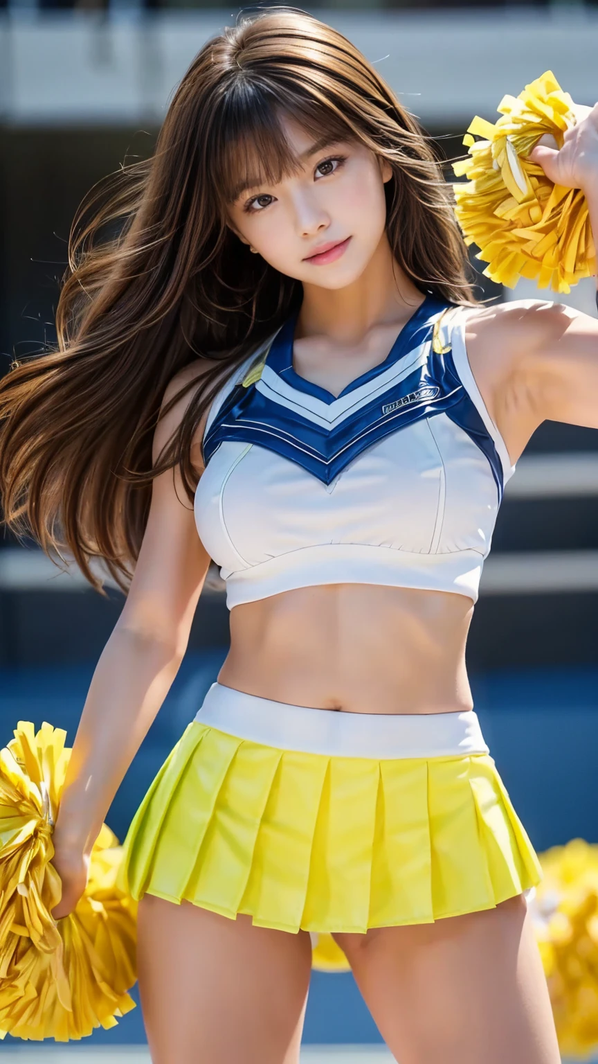 highest quality, masterpiece, Ultra-high resolution,8k, (Realistic:1.6), (Facing portraits) RAW Photos, 1 girl,(Full of smiles, Showing teeth)), 22 years old,((Belly button fashion)),((Miniskirt Uniform)),((Cheerleader Costume)),((Ponytail and Hair Tie)),((Looking up at the audience)),Face Focus:1.4,((Simple solid color background)), Image Media Chest)),((Smiling with teeth showing)),