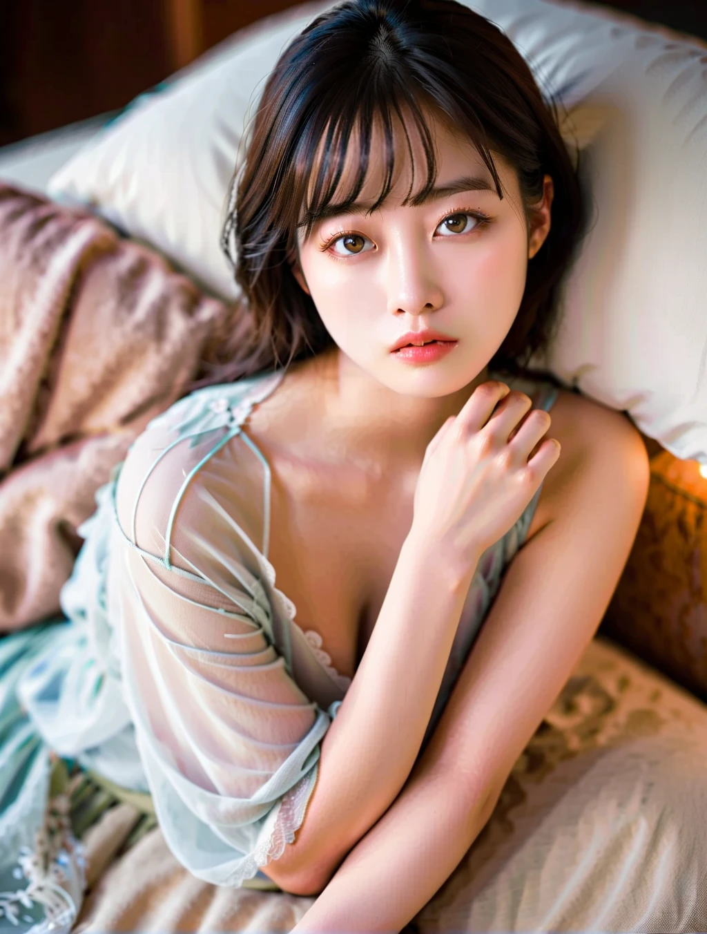 Focus on people。Create and express the best shining composition of the person in a realistic way。((masterpiece))、(((top-quality)))、((ultra-detailliert))、(A hyper-realistic)、(highly detailed CGillustration)、(extremely delicate and beautiful)、Girl a masterpiece、top-quality、Realistic skin feeling、Realistic fabric、We will introduce a realist illustration focusing on the center front of girls with realistic and ultra-detailed eyes.。This is the absolute rule, and the following sentence expresses the image quality。 The greatest painter in human history meets an unparalleled beauty、It is the greatest masterpiece in the history of the Inuiku Ichigo, which depicts the most beautiful figure of a lifetime.。 Create stunning anime artwork that is currently trending on seaStation、Introducing exquisite beauty and seductive aesthetics。Hair is tied up、Light blue pesant dress with detailed floral embroidery、takeout