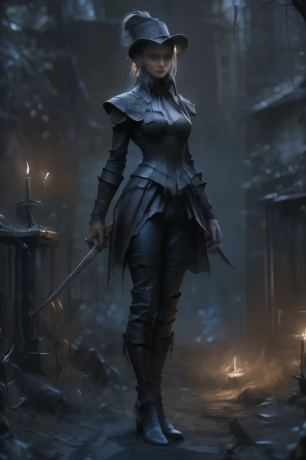 ((best quality)), ((masterpiece)), (detailed), score_9, score_8_up, score_7_up, score_6_up, (1girls), a female occultic knight, witch, knight, wielding a rapier-like sword, perfect face (((mastepiece, of the highest quality, super detailed))), photorealistic, Dark fantasy art, dark fantasy, ((gothic art)), ((Bloodborne inspired)), (Victorian era inspired), (Brotherhood Of The Wolf inspired), (typical witches hat sharing design features of a hunter's cap), (leather trousers with buckles and belts), (occultic vibe), (cosmic horror vibe), (occultic military uniform), (military witch), ((intricate and beautiful cloth and leather clothing)), ((thigh high strapped leather boots)), ((complex buckled leather boots)), (regal and elegant, a person of great social importance), ((mature, foreboding atmosphere)), ((dark and gloomy)), ((((Highly detailed face)))), small thin nose, Small thin lips mouth, (((Very sharp focused eyes))), ((perfect symmetrical beautiful eyes)). looking here, (resolved expression), (resolute expression), (sad face), beautiful (((very small breasts))), (((little boobs))), (((tiny breasts))), (((flat chest:0.1))), (((very tiny boobs))), (((very flat chested))), ((brunette)) hair, ((long ponytail, thick ponytail, heavy ponytail)), very long eyelashes, soft lighting