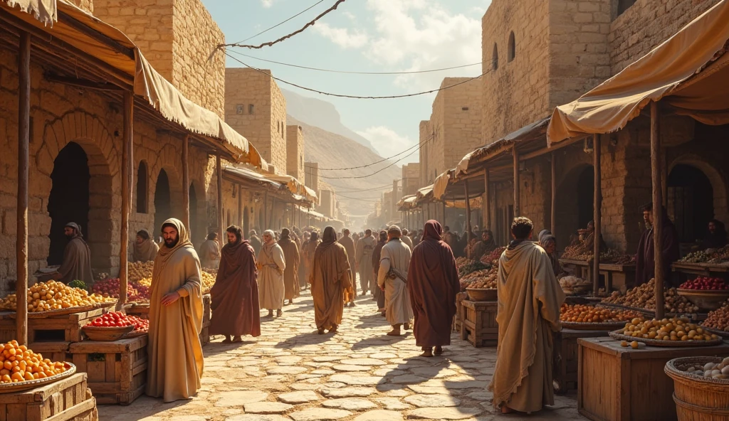digital art, In the ancient Iraqi city of Barsah, many people can be seen carrying out activities, dressed in ancient Iraqi clothes