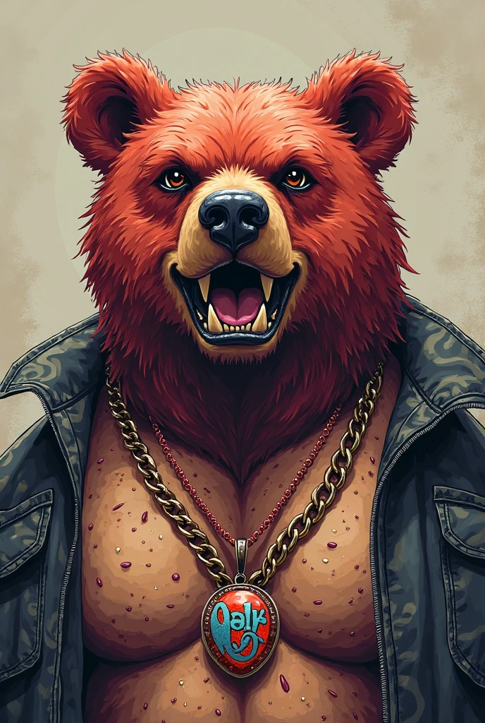 Draw a furry bear creature with white fur and white fur., with a white sweater and a bow on the neck, powerful and with realistic red eyes, and fire everywhere like hell