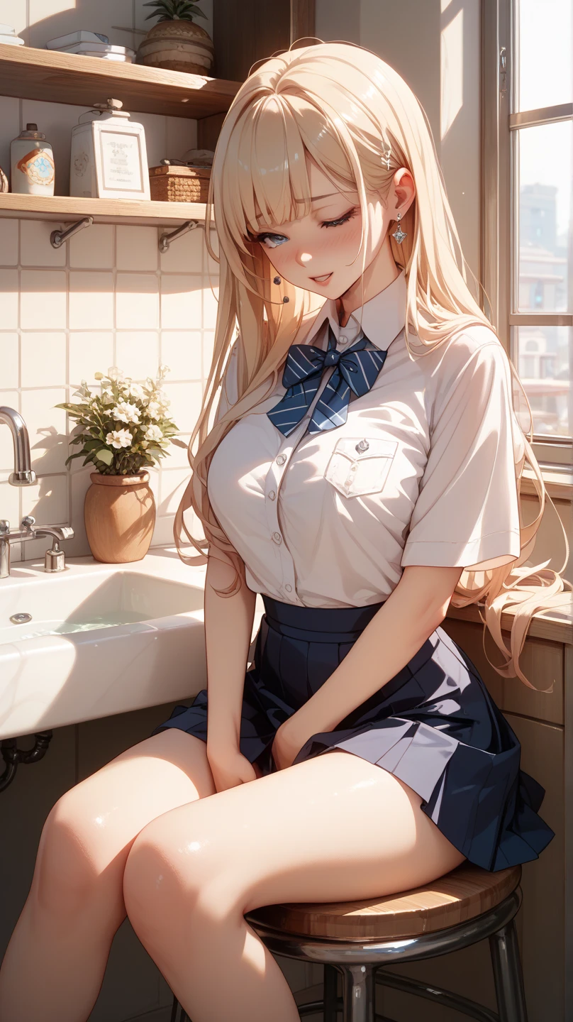 anime style image of a 35 year old mature girl, that she is dressed in a short black skirt, a short shirt with a low neckline, long fishnet stockings, light blonde hair, dark skin and long hair, that is in the kitchen