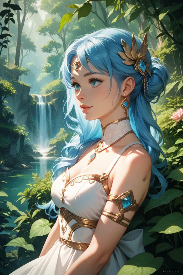 An African Goddess WITH LONG WET HAIR, translucent water dress that flows into the water, SITTING BY  a pool of water IN A CAVE UNDER THE waterfall. glowing whirlpool of water