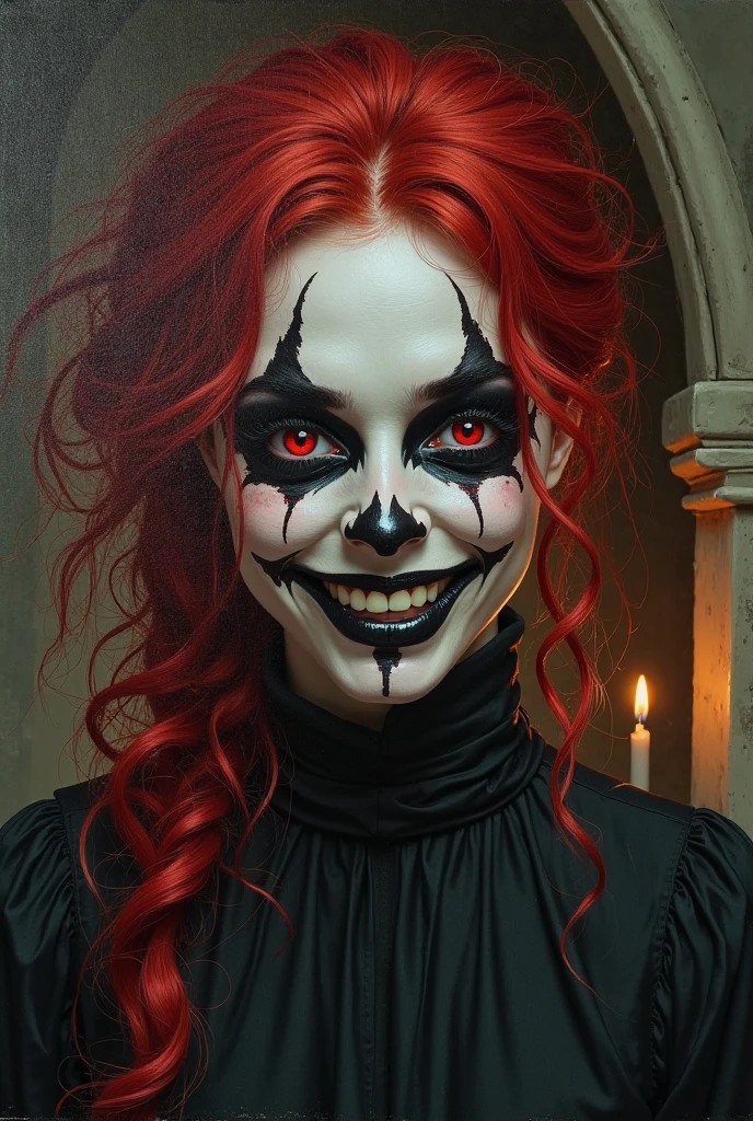 1 girl, flying hairs, red eye, Fire Witch, blood on the face, light particles, lightning, backdrop, colorful, high contrast, Vampir, grin, evil smile, psychopathic grin, Psychopathic smile, tilted head