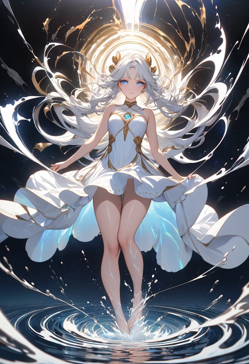 finest image, sexy beautiful woman, laugh, happy, shy, amorous expression, lewd expression, ???????, orgasm, white glossy short wavy iridescent hair, blue sparkling big eyes, great proportion, pure white long dress with gold embroidery, background meadow on the hill, clear skies, sun and sunlight, rain and raindrops, petals, scatter white red gold and silver glitter and confetti, professional lighting