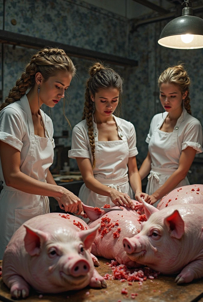 Livestock killing site,Pigs dissecting,Pig hanging on a hook,offal scattered on the floor,,,Pig guts splashed off,Beautiful blonde girl dissecting,Shoulder-length rubber gloves, Dirty rubber apron,Dirty rubber boots,White knee-length rubber boots,Stand and look down, Anatomical knife,Condescending pigs,Drawing from below,Stand and look down, Full body view from below,cruelty
