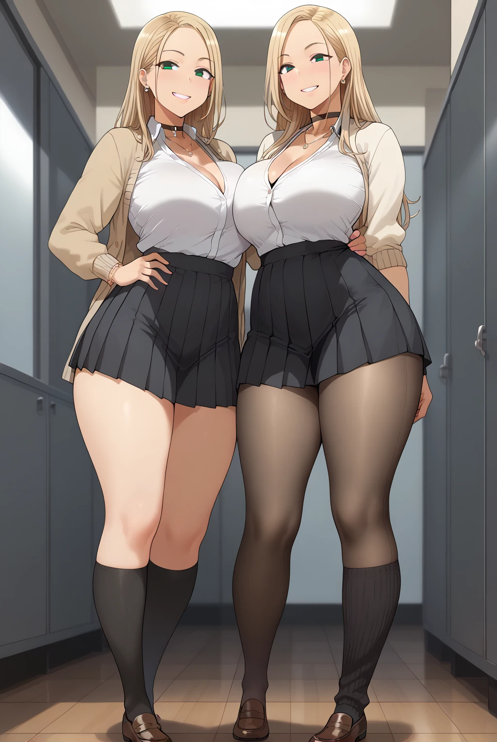 Tall woman, perfect face, perfect lighting, behind, thick thighs, wide hips, stockings, short shorts, short shirt, seductive look, blush