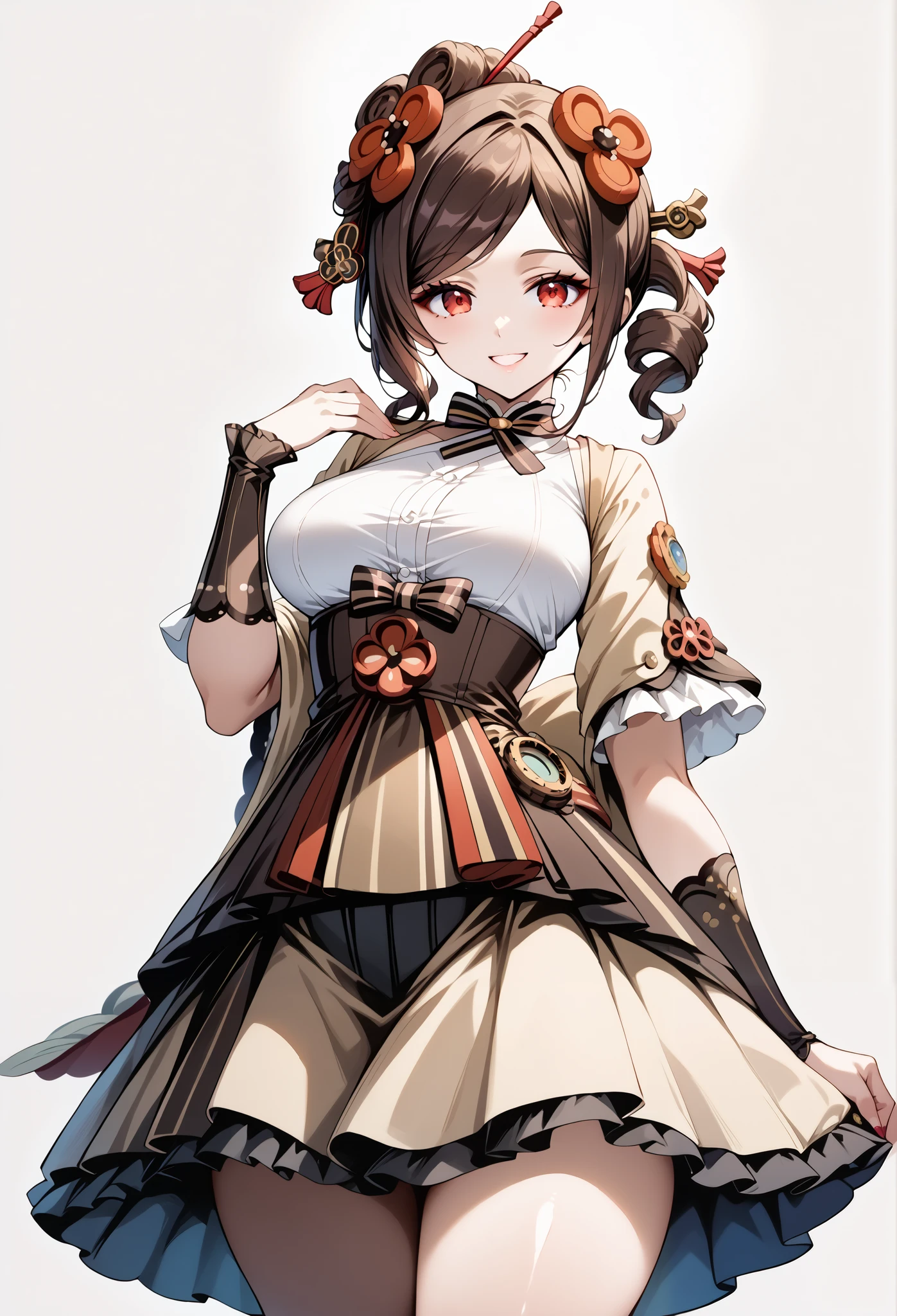 score_9, score_8_up, score_7_up, source_anime, 4K,perfect fingers,(perfect hands, perfect anatomy),prefect lighting, very aesthetic, intricate details,highly detailed background, masterpiece, high quality, best quality,
1girl,Solo,genshinchiori, chiori, brown hair, hair ornament, red eyes, flower, hair flower, large breast,
wearing ((steampunk design,Her attire includes a light beige/cream-colored top with brown accents detailing and stitching reminiscent of gears and cogs, She wears a brown lace-edged steampunk-inspired under-skirt with decorative details, )),,
((White plain background:1.5)) , looking at viewer, smile,(perfect hands, perfect anatomy),cowboy shot, filed, high thigh individual , fullbody,Stand up,((front look:1.5)),Stand up straight,(complete standing pose:1.2),