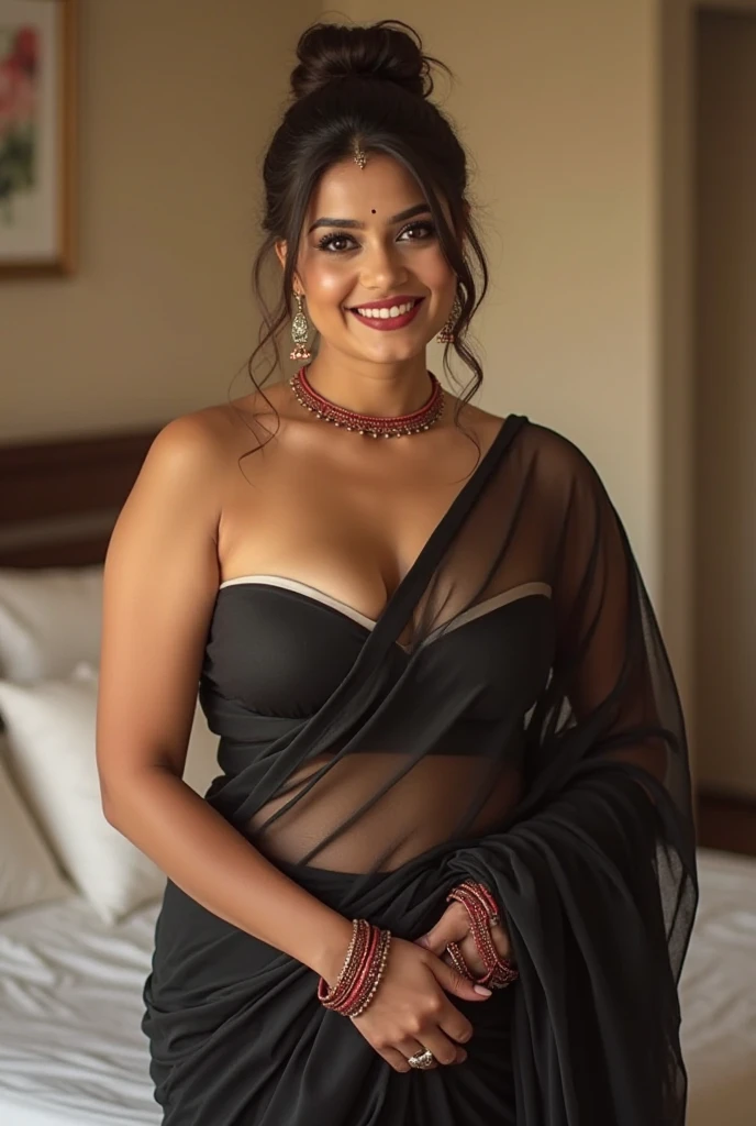 night scene from side view, extreme close up photo of young muscular black man grabbing Indian woman Aishwarya rai who is wearing a sexy saree from behind, big cheeks, hourglass figure, swooping breasts, deep cleavage, romancing each other in a ship deck in sea, showing armpits, red lips, necklace, sultry, look at viewer and smile, (cinematic:1.3), intricate details, (ArtStation:1.2), saree
