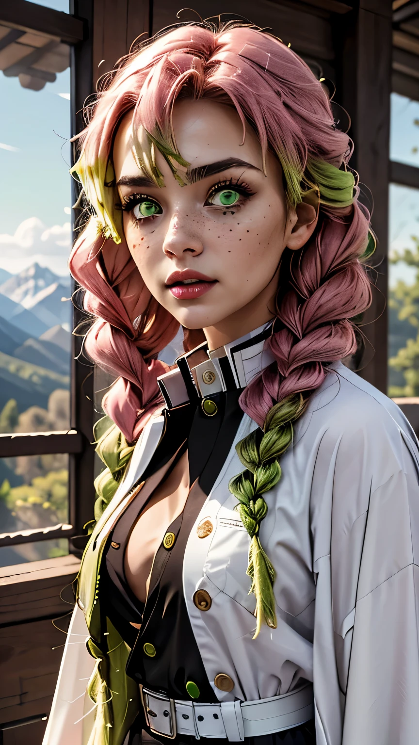 detailed face, detailed eyes, detailed skin, extremely detailed, intricate details, mitsuri kanroji, braid, zh_mushyee_normalgirl, Emmy Rossum, zh_mushyee_cosplaygirl, pale skin, tattoo, freckles, lips, gradient hair, (green eyes:1.5), green hair, long hair, mole, mole under eye, multicolored hair, pink hair, twin braids, two-tone hair, looking at viewer, solo, thin waist, slim, hourglass figure, medium breasts, belt, black skirt, cleavage, coat, demon slayer uniform, haori, japanese clothes, long sleeves, miniskirt, partially unbuttoned, pleated skirt, skirt, uniform, thighhighs (masterpiece, best quality, high resolution:1.4), (seductive pose:1.2), (dynamic angle), detailed fantasy background, fcDetailPortrait, detailed face, detailed eyes, detailed skin, extremely detailed, intricate details, casual photography, HDR, natural light, (anti-aliasing:1.2), elegant, soft scattered light, realistic proportions, limited palette, backlit, accent lighting, (neutral colors:1.3), cross process, cinematic lighting, coherent light, coherent shadows, cowboy shot,