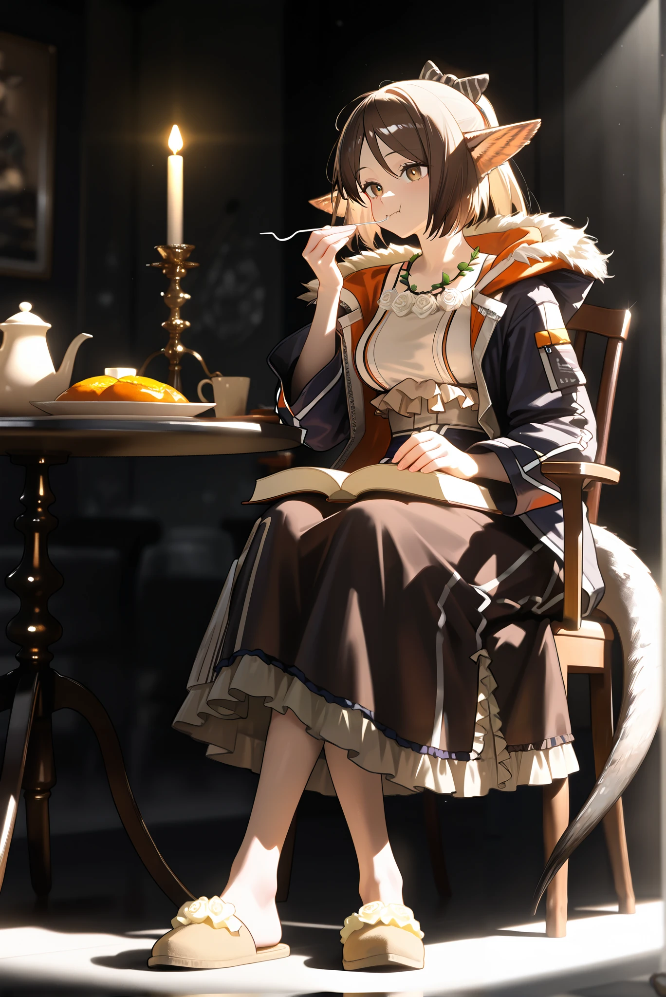 1female,((朝のカフェ))。 brown dress, brown slippers,,,((perfumer)),((perfumer_\(arknights\))), perfumer_\(arknights\)。, eating at a restaurant。crossed legs,Black long skirt。小さなおっぱい。 dynamicangle。I have a book。,Photorealistic Background, best quality, amazing quality, very aesthetic,Beautiful morning light , (masterpiece, best quality, hires:1.1),(detailed background),(Hard Light, Cinematic , , ambient occlussion:1.1), (illustration:1.1), (perfect details:1.1), (8 K, wallpaper,masterpiece,a high resolution,top-quality,top-quality real texture skin, hyperrealistic , increase resolution,RаW photos,,very detailed,wallpaper,Cinematic lighting,Ray tracing,Golden ratio\),。