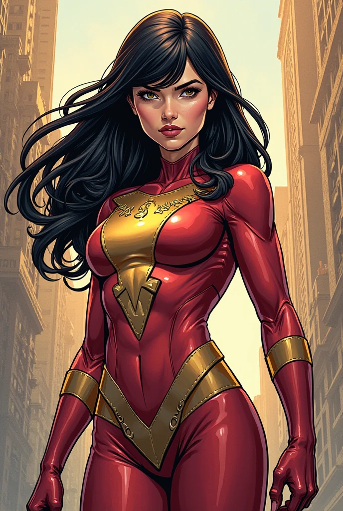 (best quality,8k:1.2,high resolution:1.2),ultra-detalhado,Realistic,SUPER HERO female,21 YEARS OLD,long BLACK hair,rosto extremamente detalhados,long eyelashes,all sheer RED LATEX leotard Apertado, RED FLYING CAPE,TRANSPARENT SKIN TONE SHINY pantyhose,Glossy GOLDE metalic BRACELETES,Physically-based rendering,sharp focus,studio lighting