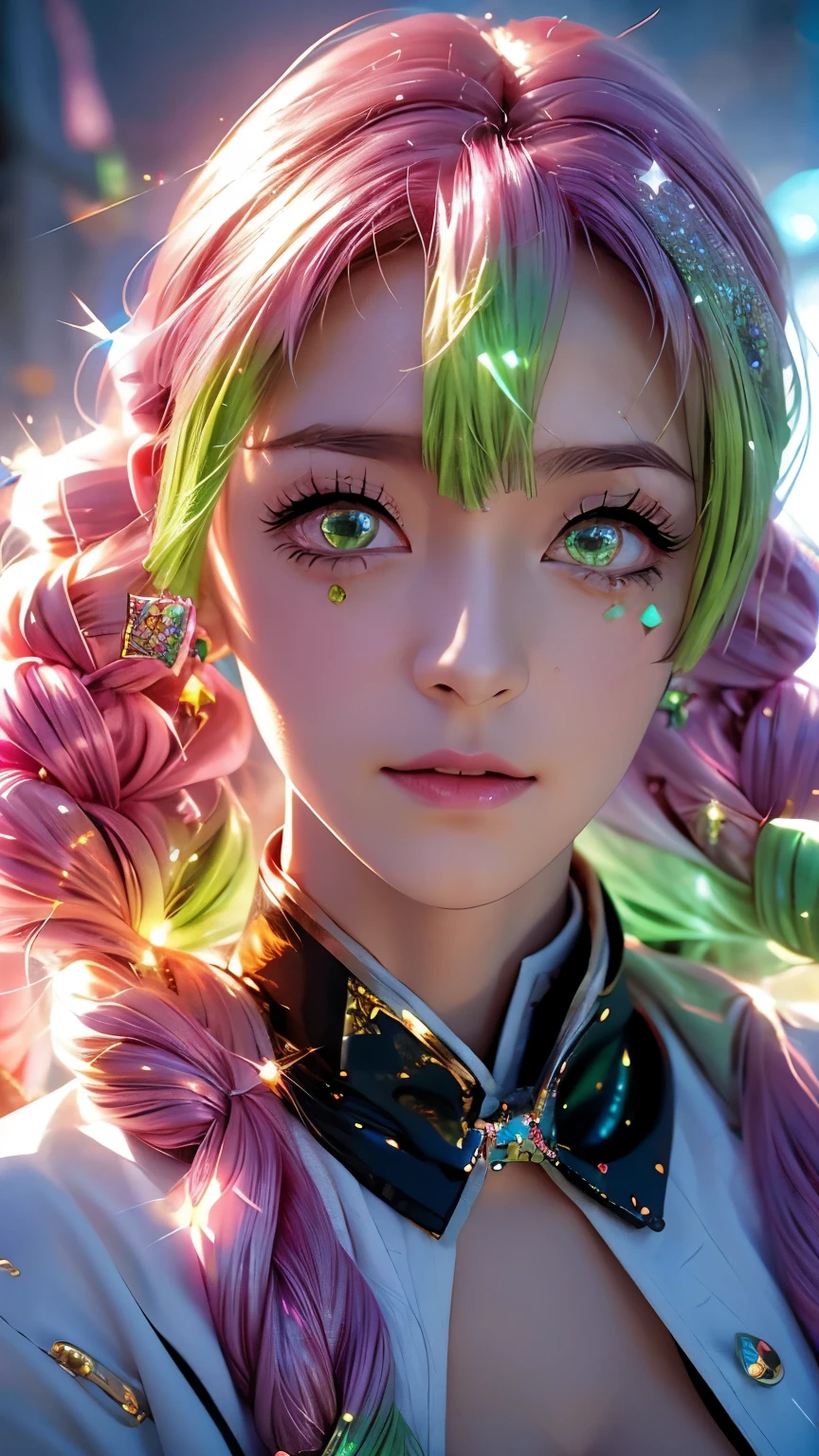 A beautiful,1girl,realistic mitsuri,demon slayer,flower hashira,with green and pink hair,beautiful detailed eyes,beautiful detailed lips,extremely detailed face,long eyelashes,intricate details,photorealistic,8k,high quality,masterpiece,professional 3d render,volumetric lighting,glossy skin,photorealistic skin,hyper realistic,ultra detailed,sharp focus,portrait,iridescence,dramatic angle,space,(floating colorful sparkles:1.3),Dramatic Lighting,Chiaroscuro,Evocative Depth