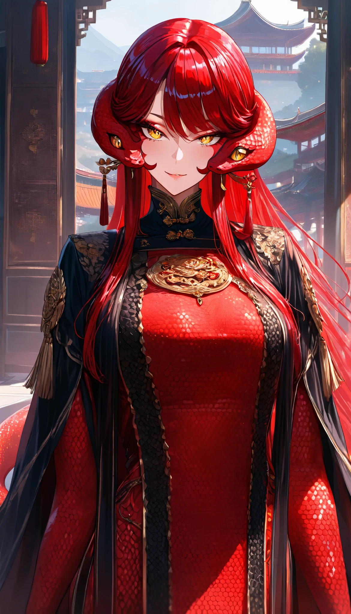A Red hair Female(Red snake scales on her cheeks), Perfect body, (Golden eyes with Snake pupils), Wearing A Red and White Taoist robe with Snake scale pattern, Open pose, seductive smile,In a Chinese palace, UHD, SOLO, anatomically correct, masterpiece, textured skin, high details, highres, 1080P, 16k, accurate,Beautiful face, Perfect face, Highly detailed beautiful face and eyes, Attractive face, Detailed face, Delicate facial features, Detailed skin,Cowboy shot