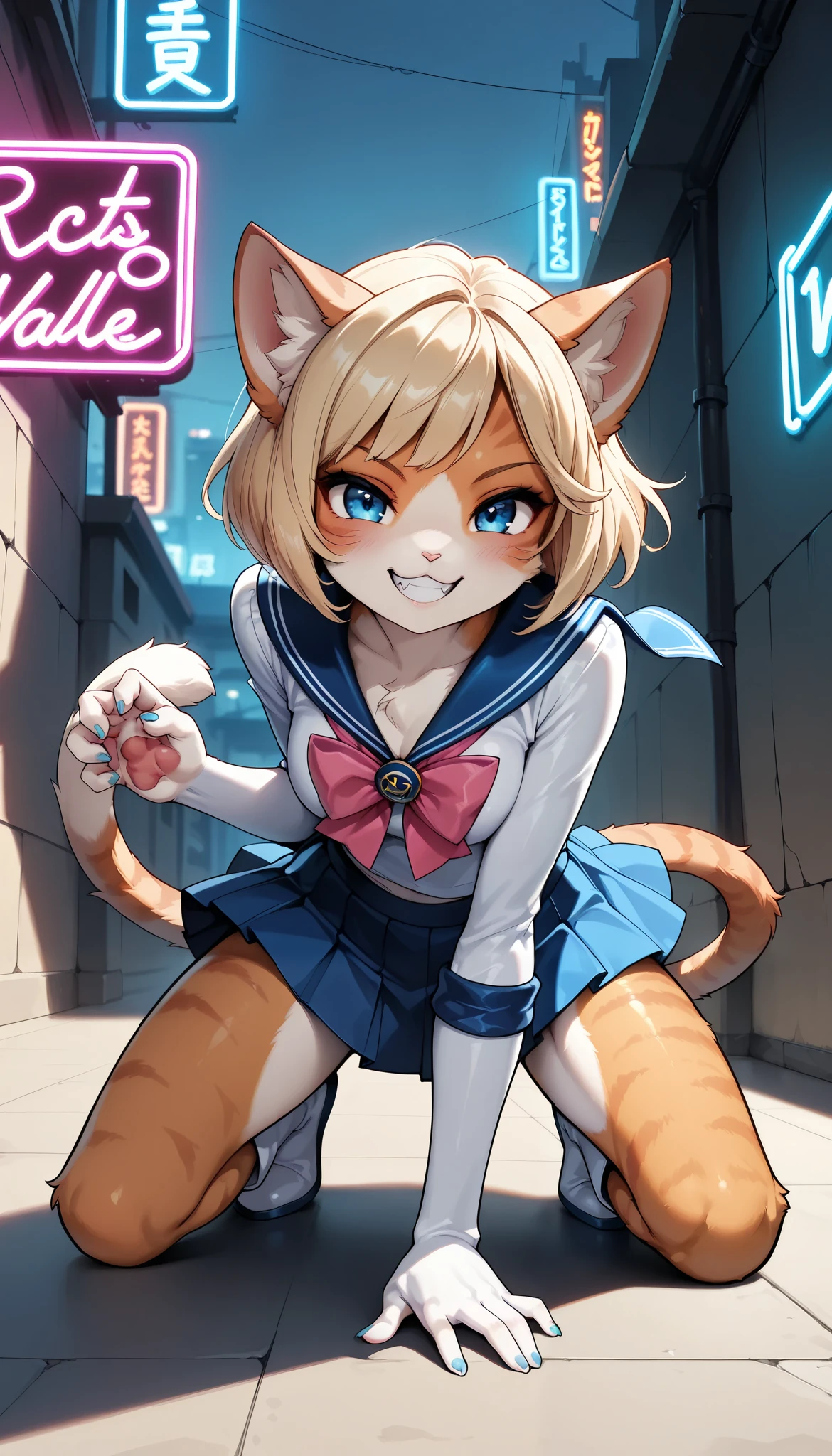 1 Beautiful Girl , cute fur , Furry, Cat face, Cat girl, short bob, (Alluring, smile, grin , tooth, Cat's paw, nail), anime style, (Medium breast), petite body, very cute, (superhero landing:1.4, sailor suit, pleated skirt, miniskirt), adorable expression, soft lighting, Fantasy, Whimsical, neon lights, downtown background, (Highest quality:1.2, very detailed, high-detail CG illustration in front of a rock wall, soft focus, masterpiece:1.2, Aesthetics at its best),