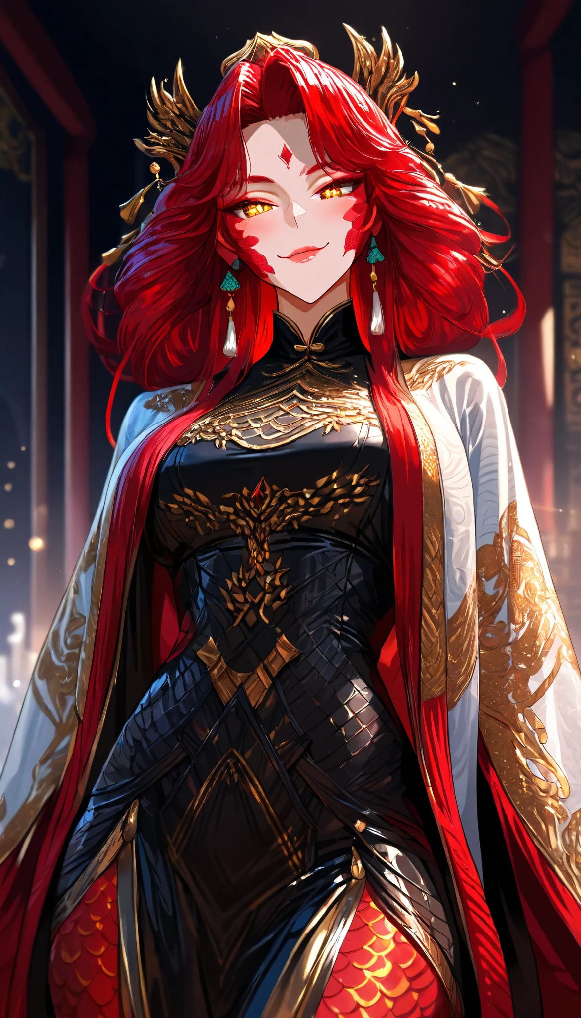 A Red hair Female(Red snake scales on her cheeks), Perfect body, (Golden eyes with Snake pupils), (Wearing A White Taoist robe:1.7)(Red Snake scale pattern), Open pose, seductive smile,In a Chinese palace, UHD, SOLO, anatomically correct, masterpiece, textured skin, high details, highres, 1080P, 16k, accurate,Beautiful face, Perfect face, Highly detailed beautiful face and eyes, Attractive face, Detailed face, Delicate facial features, Detailed skin,Cowboy shot