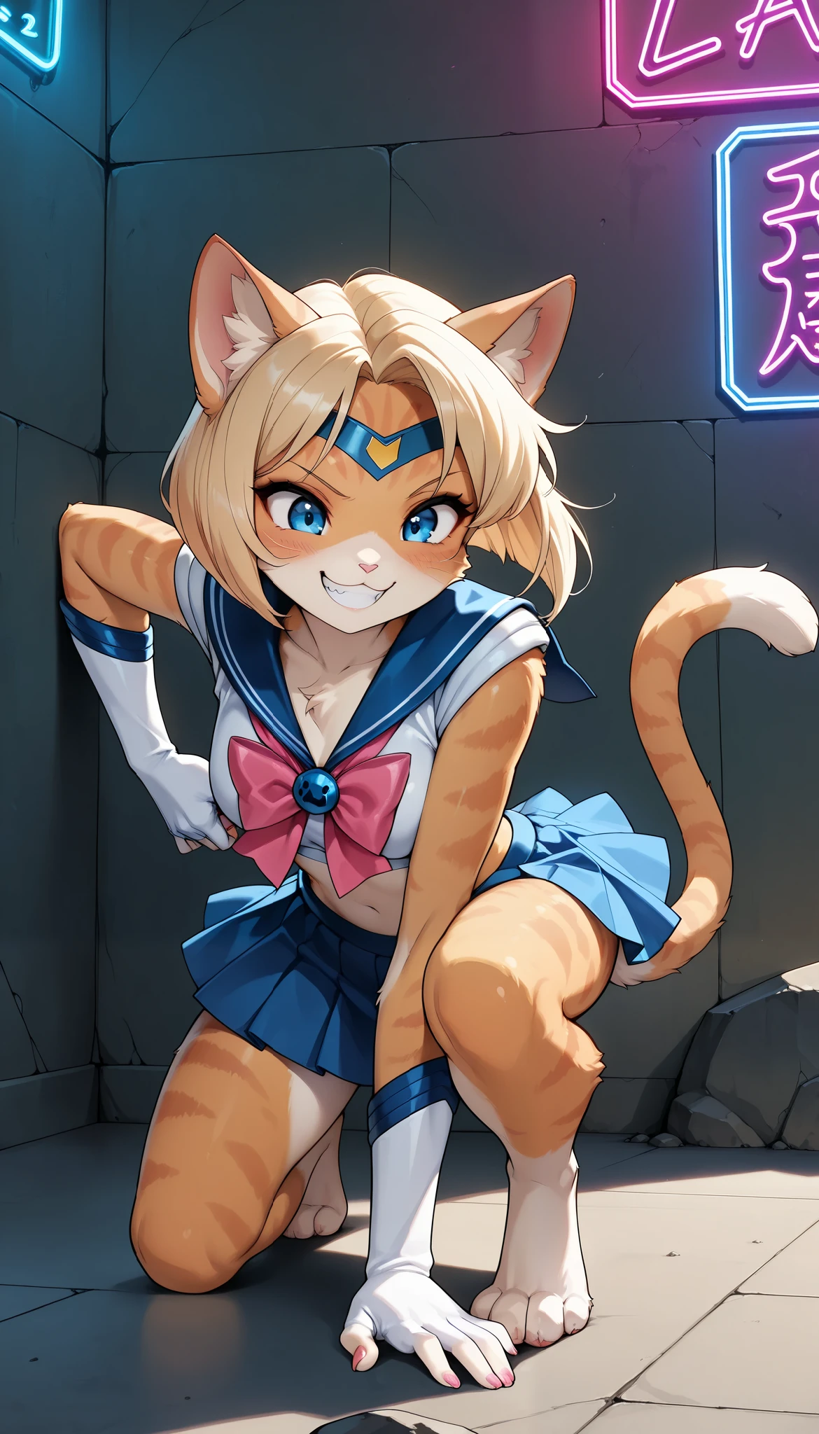 1 Beautiful Girl , cute fur , Furry, Cat face, Cat girl, short bob, (Alluring, smile, grin , tooth, Cat's paw, nail), anime style, (Medium breast), petite body, very cute, (superhero landing:1.4, sailor suit, pleated skirt, miniskirt), adorable expression, soft lighting, Fantasy, Whimsical, neon lights, downtown background, (Highest quality:1.2, very detailed, high-detail CG illustration in front of a rock wall, soft focus, masterpiece:1.2, Aesthetics at its best),