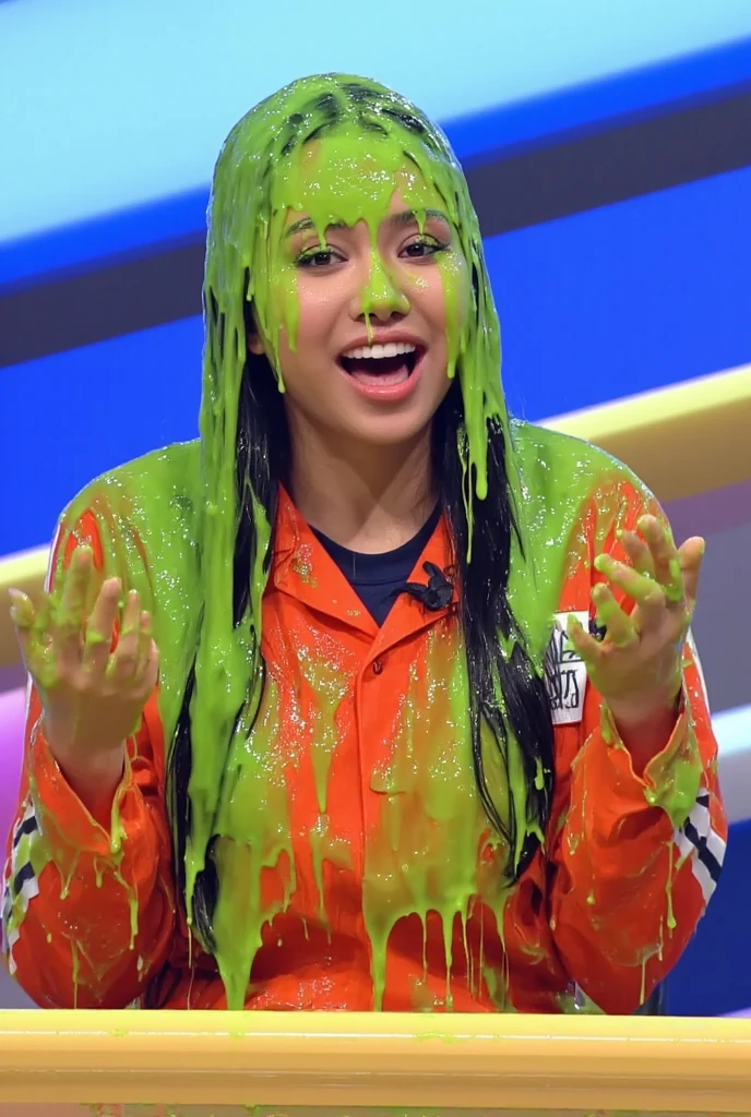 Hot, sexy, Latina, 4k, HDR, DSLR, high level of detail, low cut top, red curly hair,covered in green slime, green gunge, goo, sticky, smile, glee, happy, Nickelodeon slime, splattered, drenched, slimy, slime in hair, full coverage, slippery, sensual, splat, red Gerry curl, tight curls, sloppy, goop, thick, bright green sludge, Nickelodeon, fetish