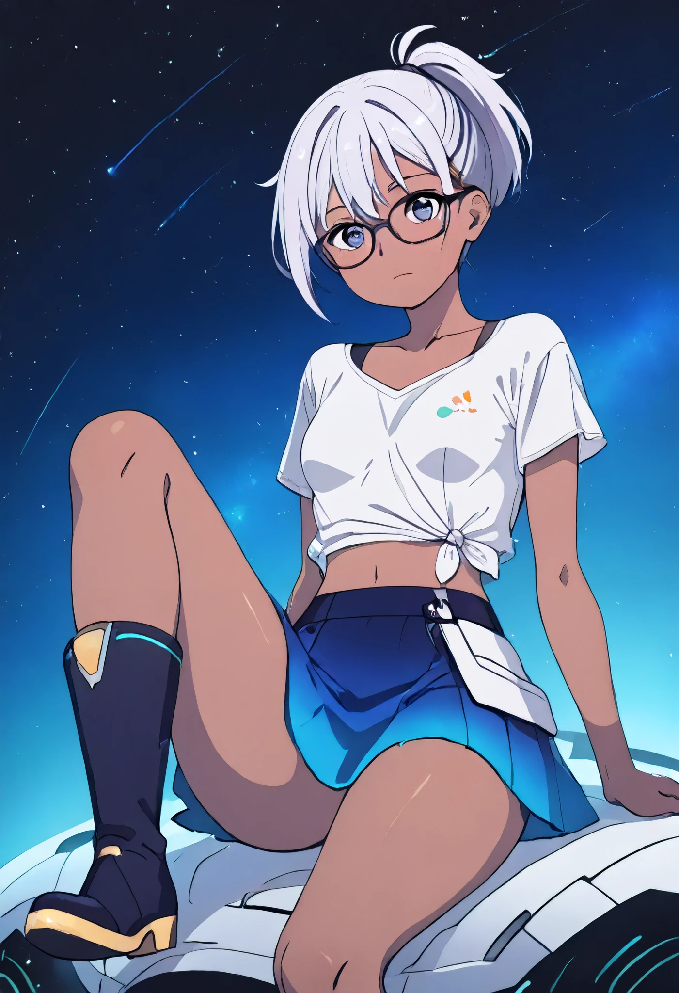 1girl dark skin , small breasts, Wear thick-framed glasses that highlight your, with short hair , ponytail and gray, silver shirt, Underneath the shirt she wears another tight shirt, facial features with vibrant color details reminiscent of the stars and planets from outer space, and a blue skirt high boots with non-slip soles ,
